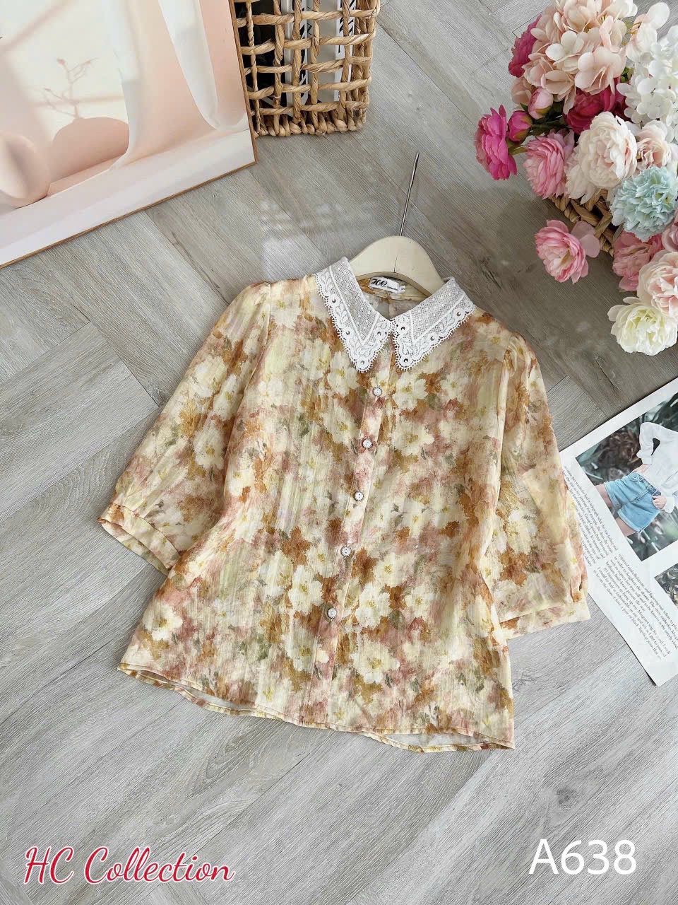 A638 Áo sơ mi họa tiết cổ ren