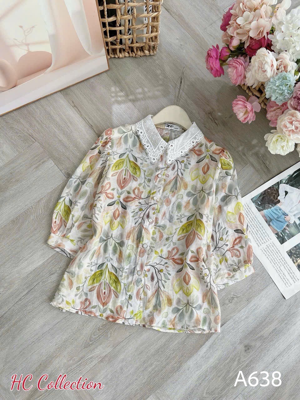 A638 Áo sơ mi họa tiết cổ ren