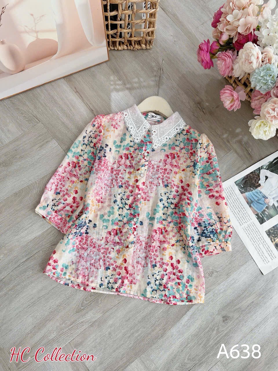 A638 Áo sơ mi họa tiết cổ ren