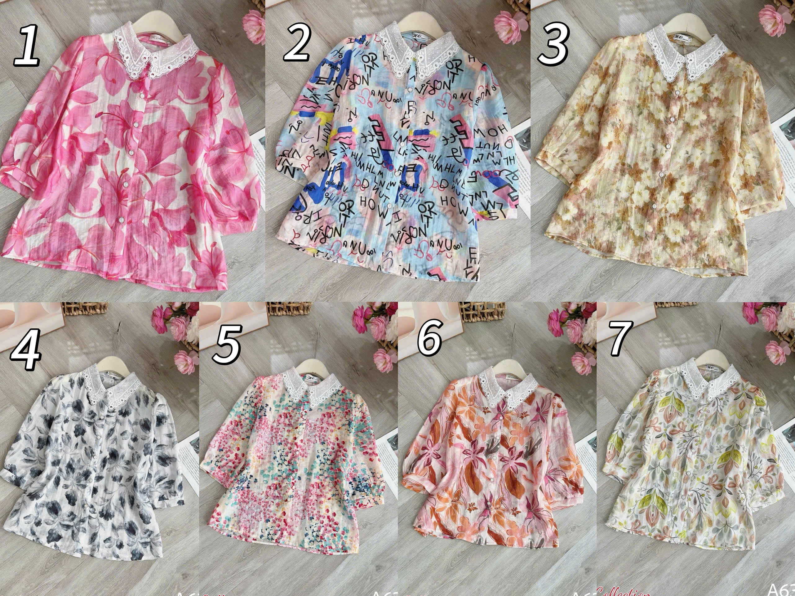 A638 Áo sơ mi họa tiết cổ ren