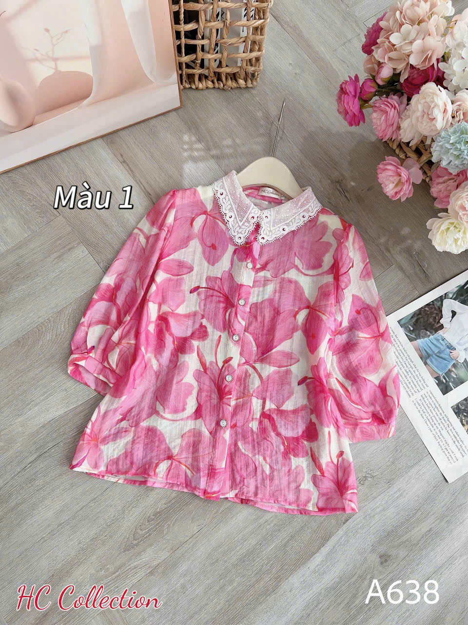 A638 Áo sơ mi họa tiết cổ ren