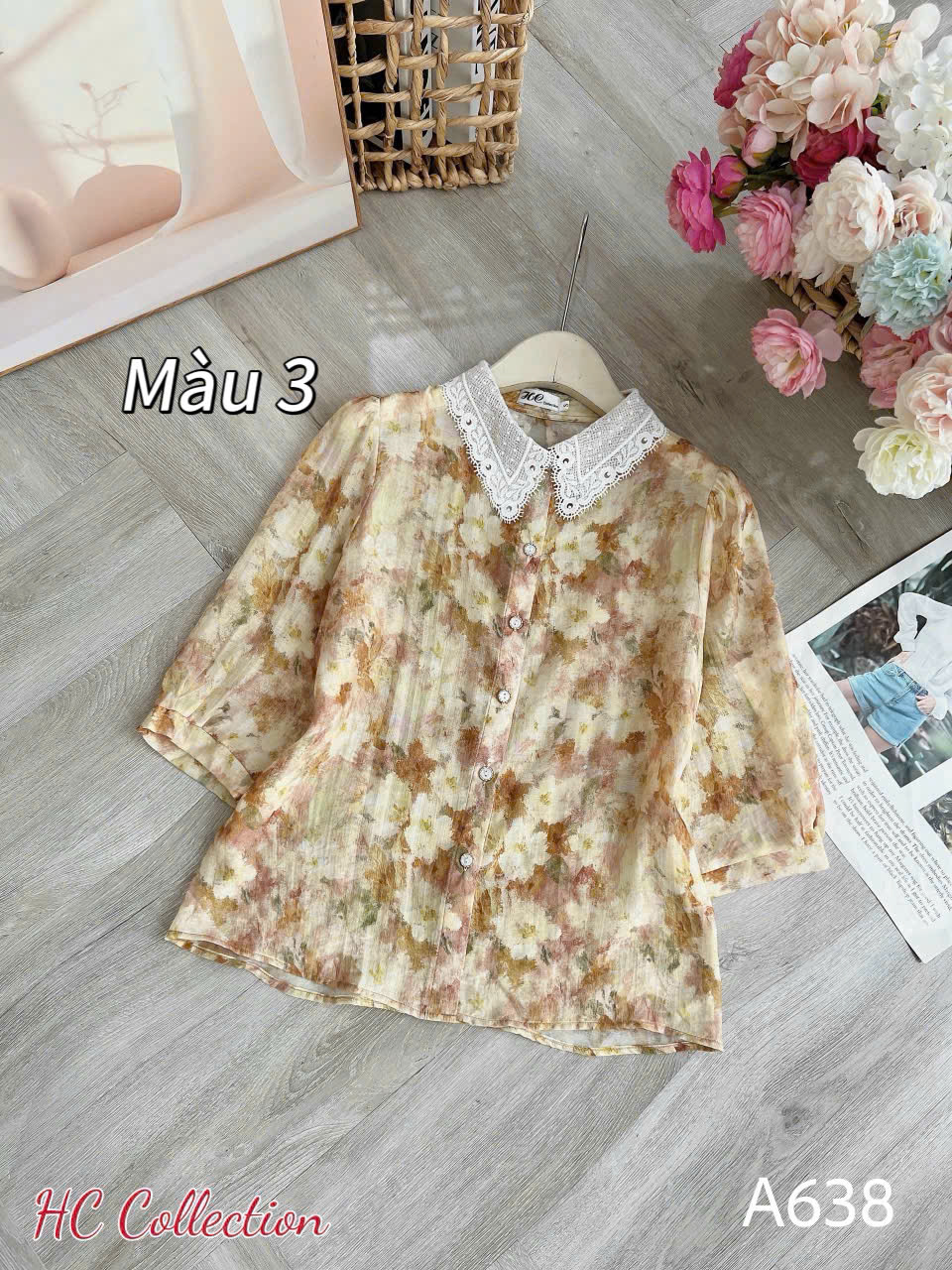 A638 Áo sơ mi họa tiết cổ ren