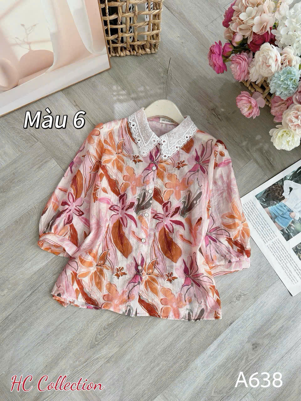 A638 Áo sơ mi họa tiết cổ ren
