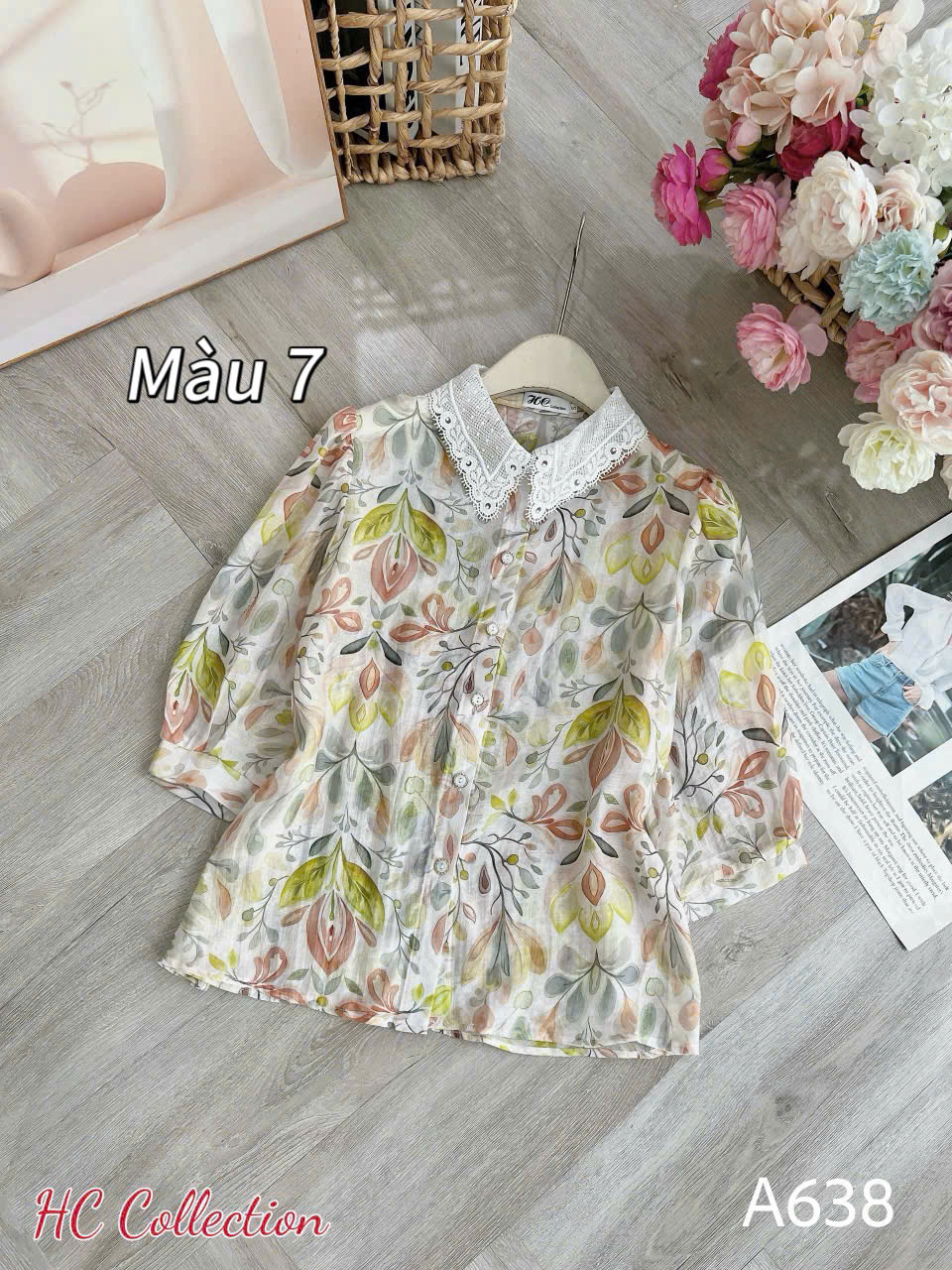 A638 Áo sơ mi họa tiết cổ ren