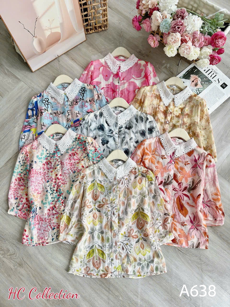 A638 Áo sơ mi họa tiết cổ ren