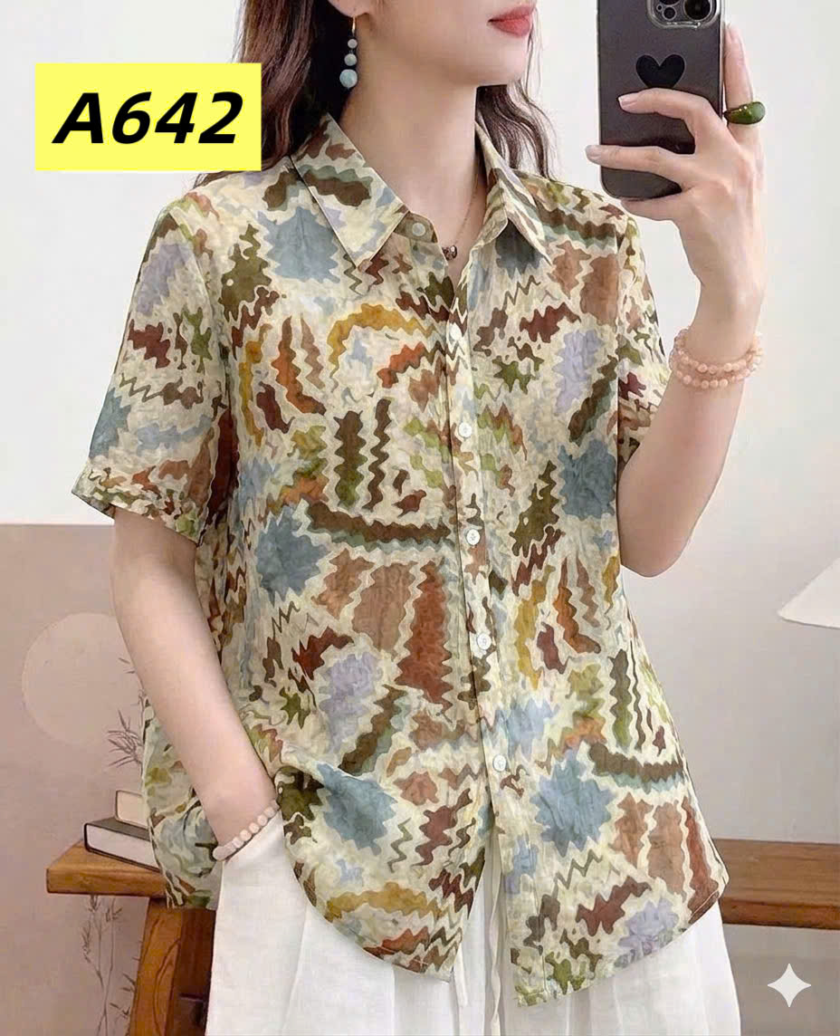 A642 Áo sơ mi họa tiết tay lỡ