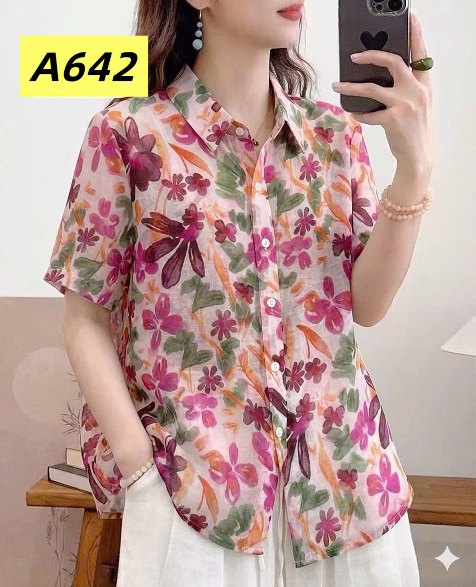A642 Áo sơ mi họa tiết tay lỡ