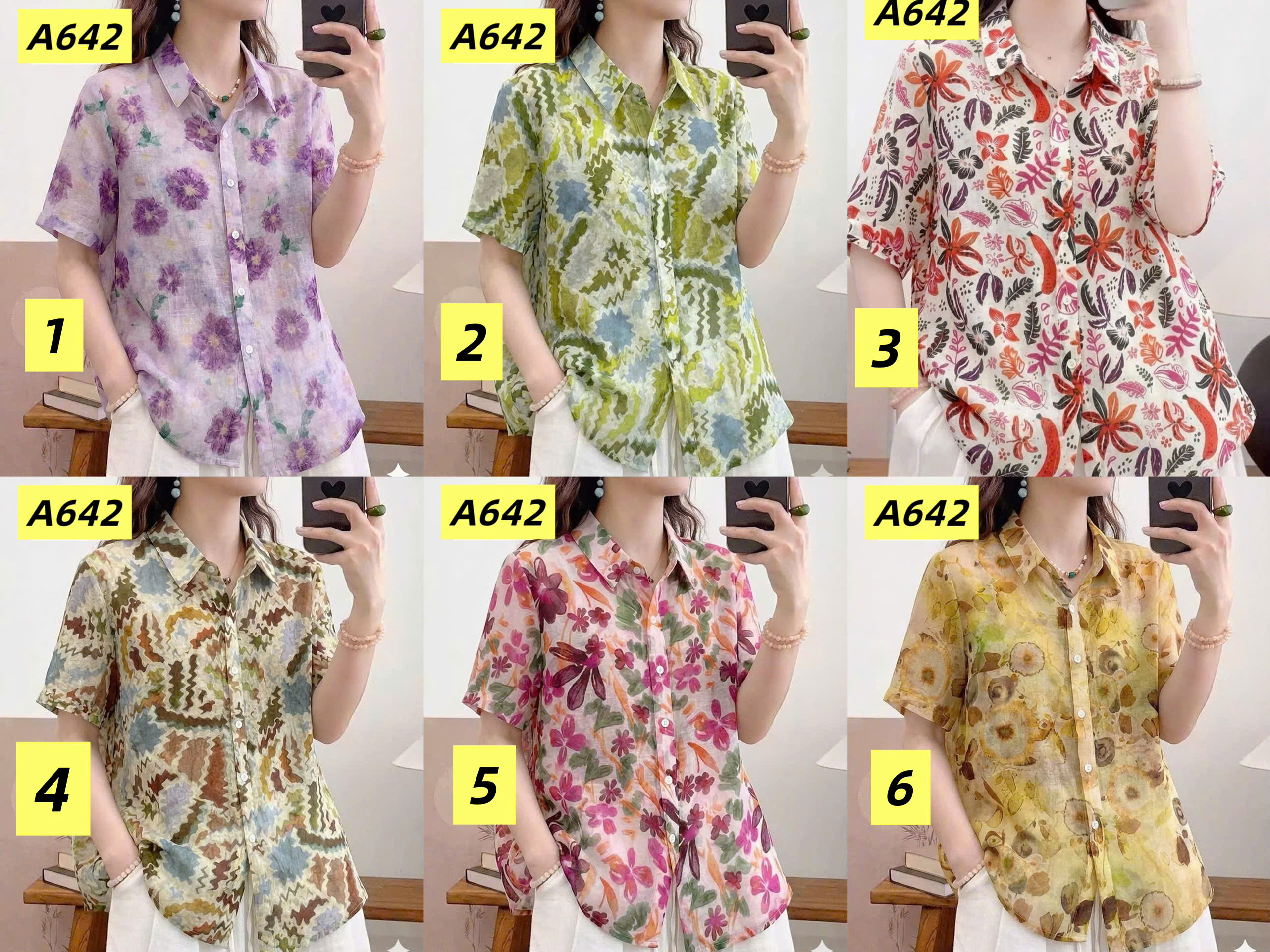 A642 Áo sơ mi họa tiết tay lỡ