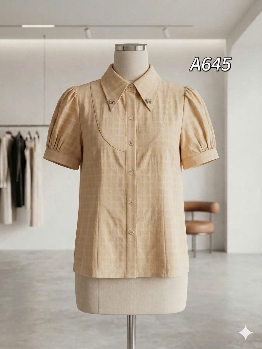 A645 Áo sơ mi tay bồng cổ nhọn