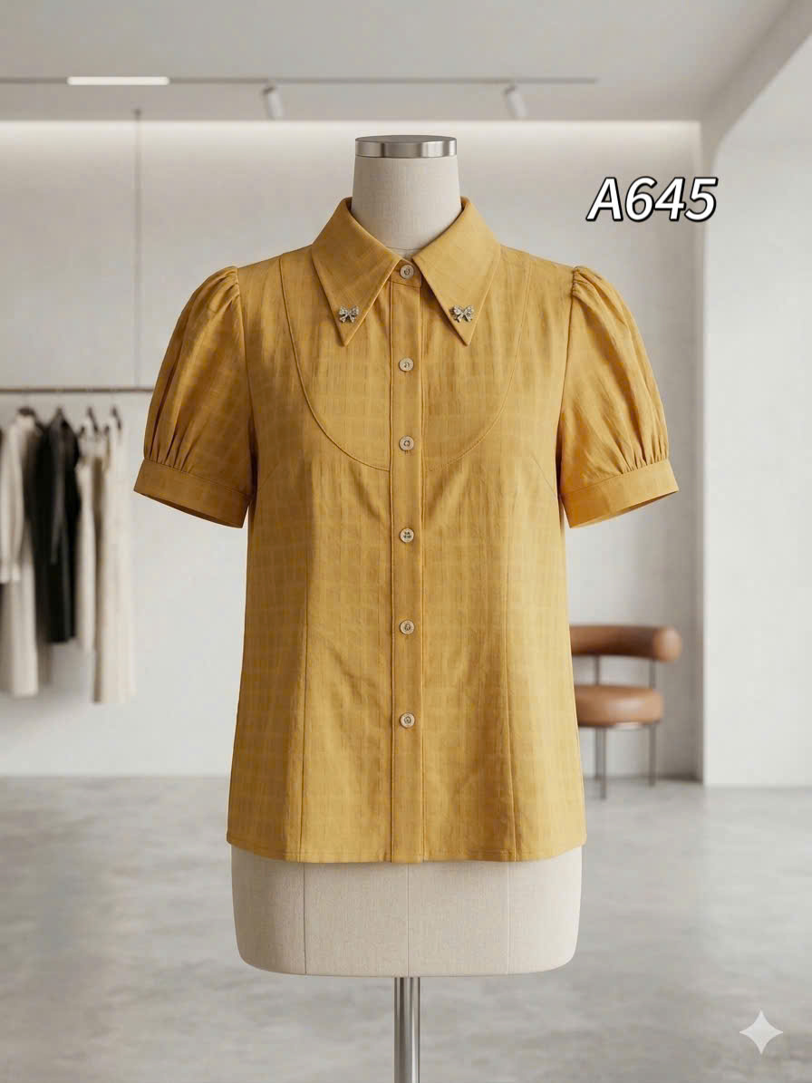 A645 Áo sơ mi tay bồng cổ nhọn
