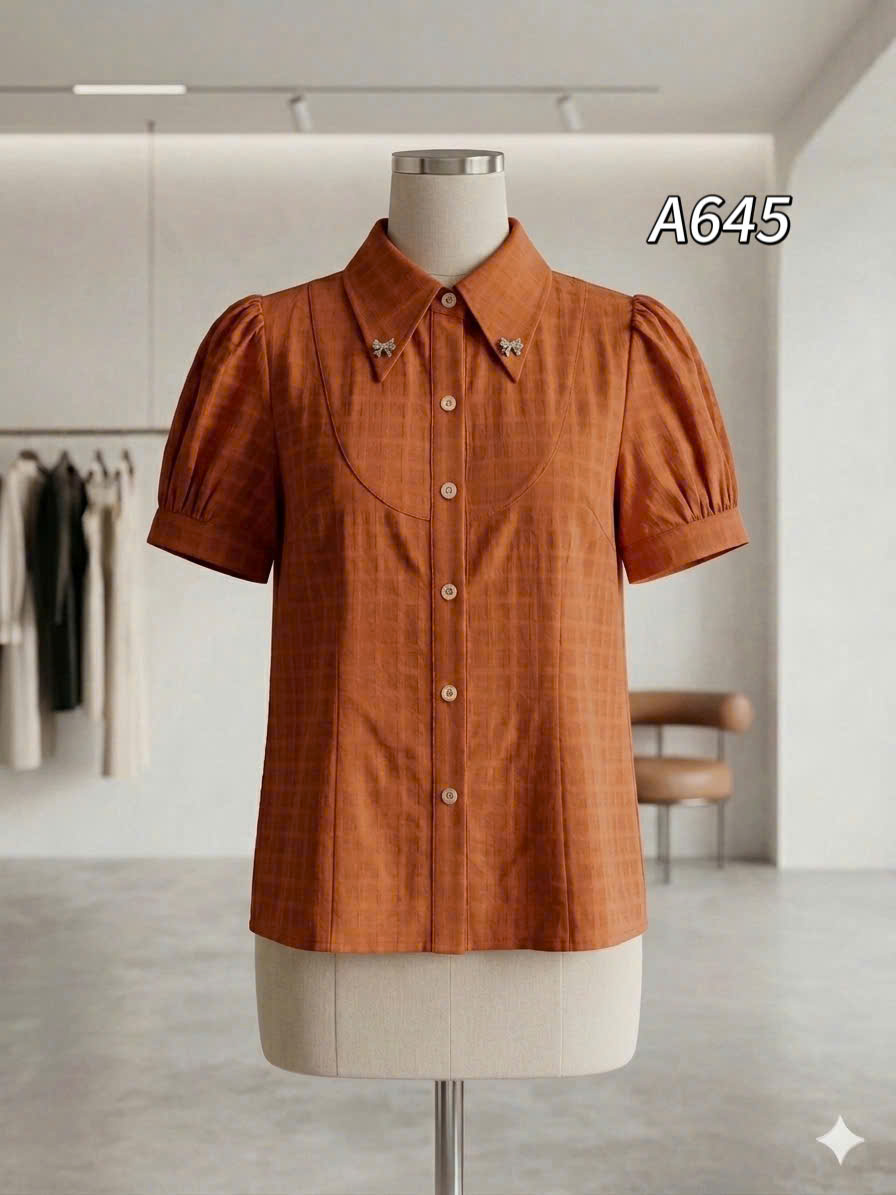 A645 Áo sơ mi tay bồng cổ nhọn