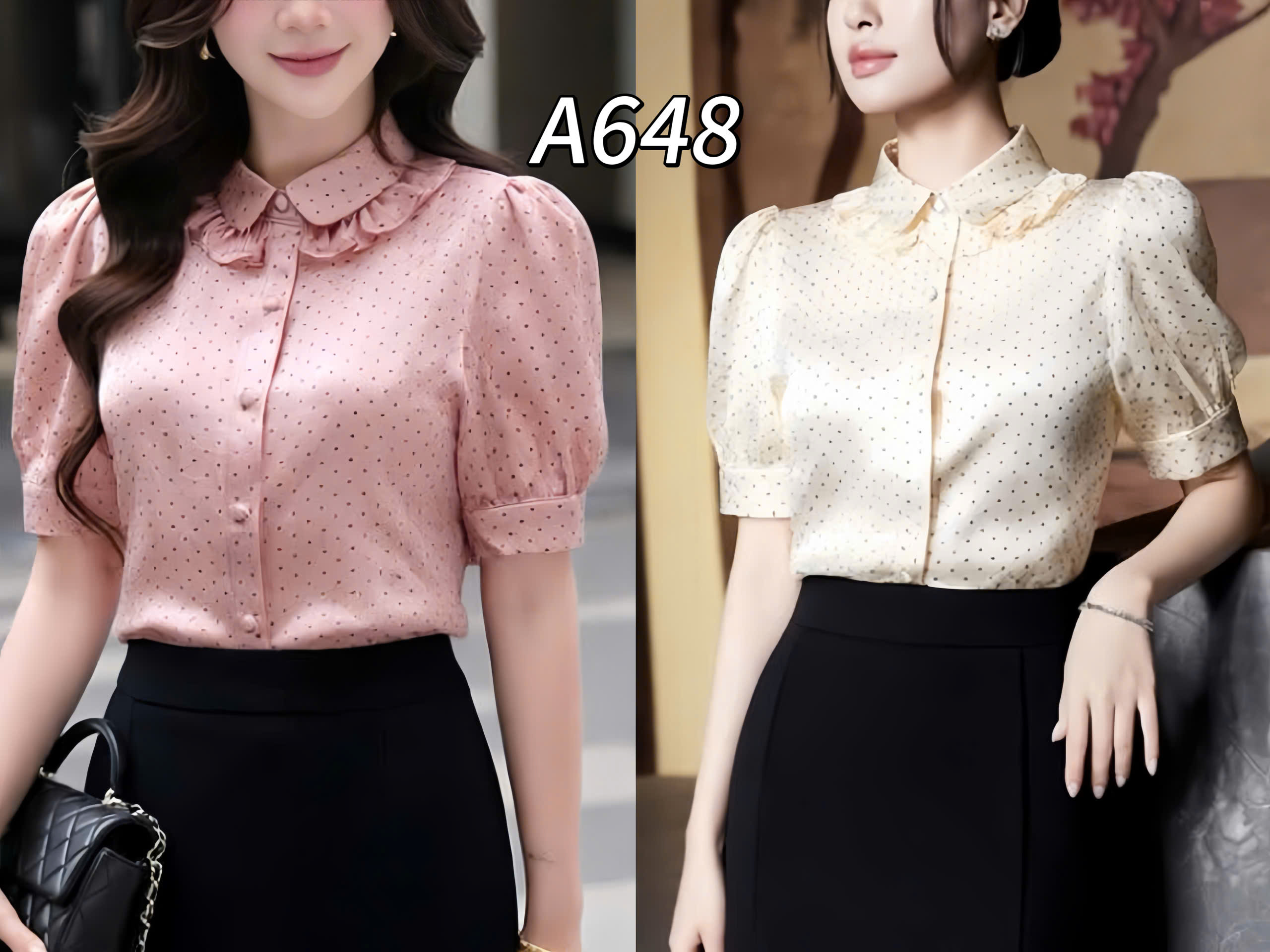 A648 Áo sơ mi cổ bèo chấm bi