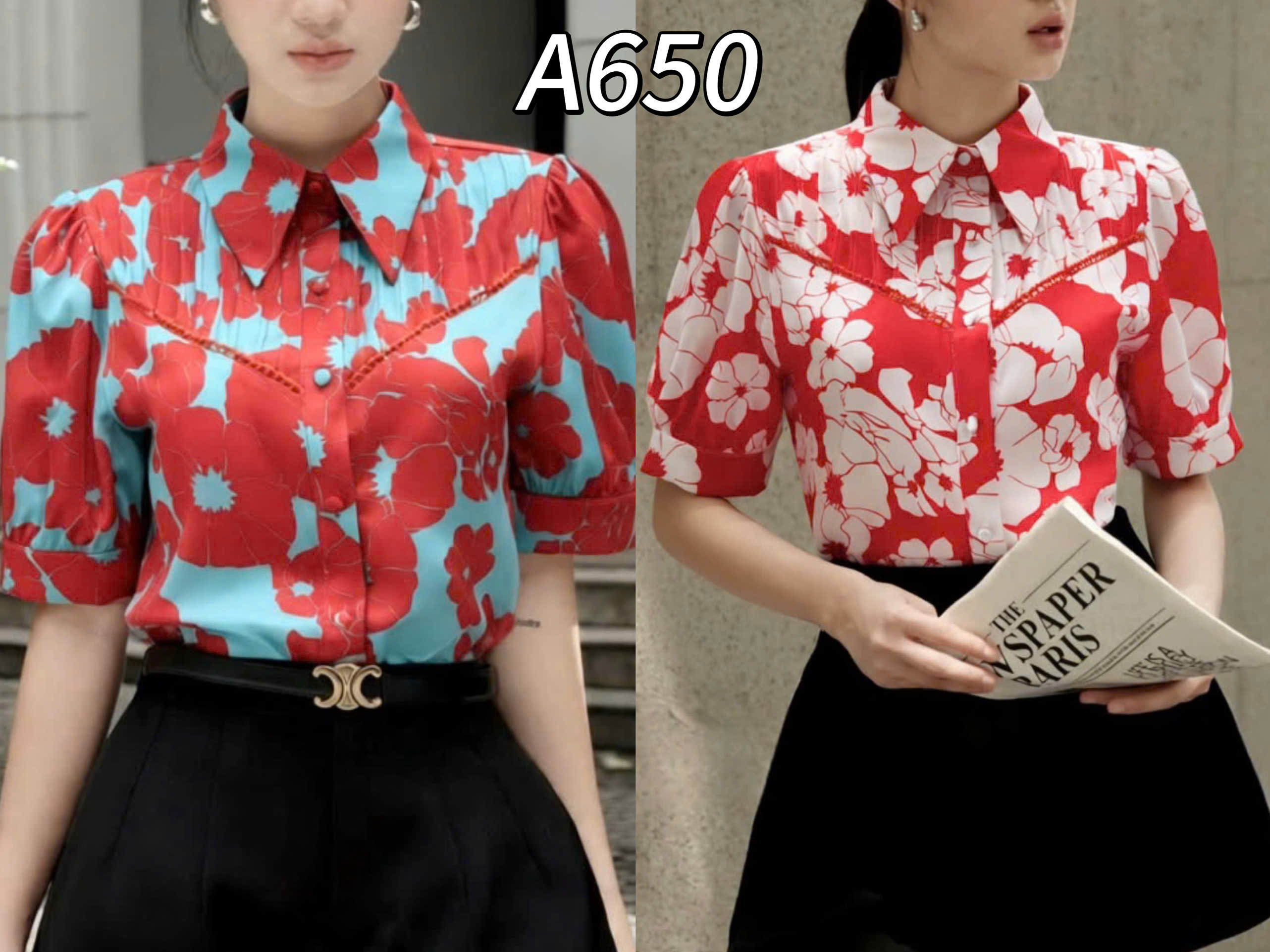 A650 Áo sơ mi hoa xếp ly ngực
