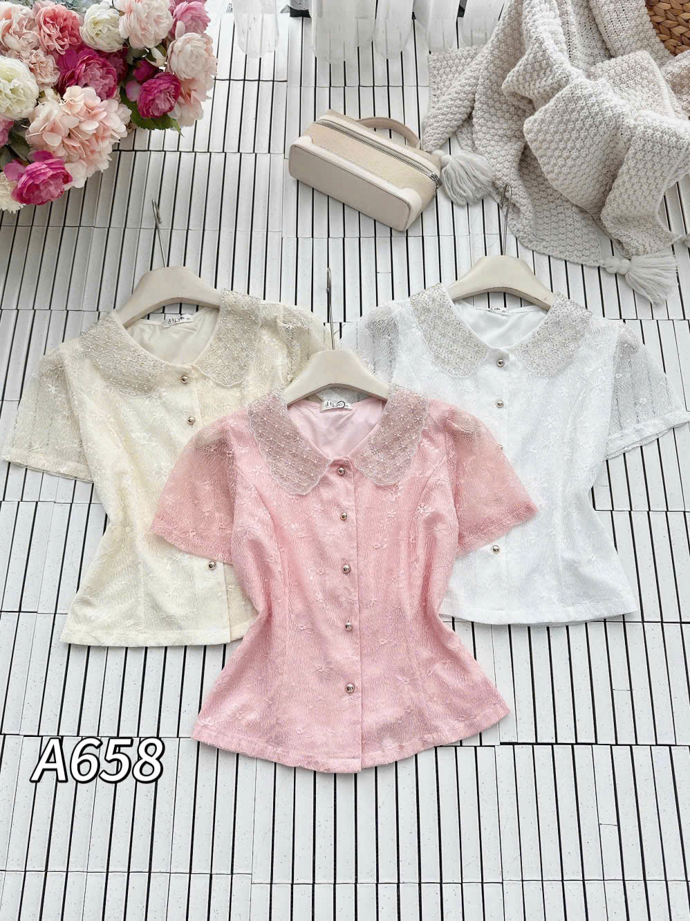 A658 Áo sơ mi cổ cườm vân hoa
