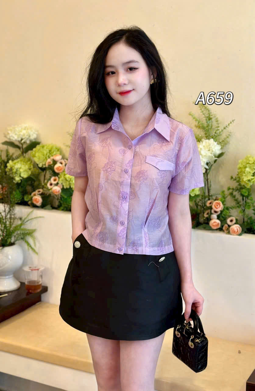 A659 Áo sơ mi náp túi vân hoa