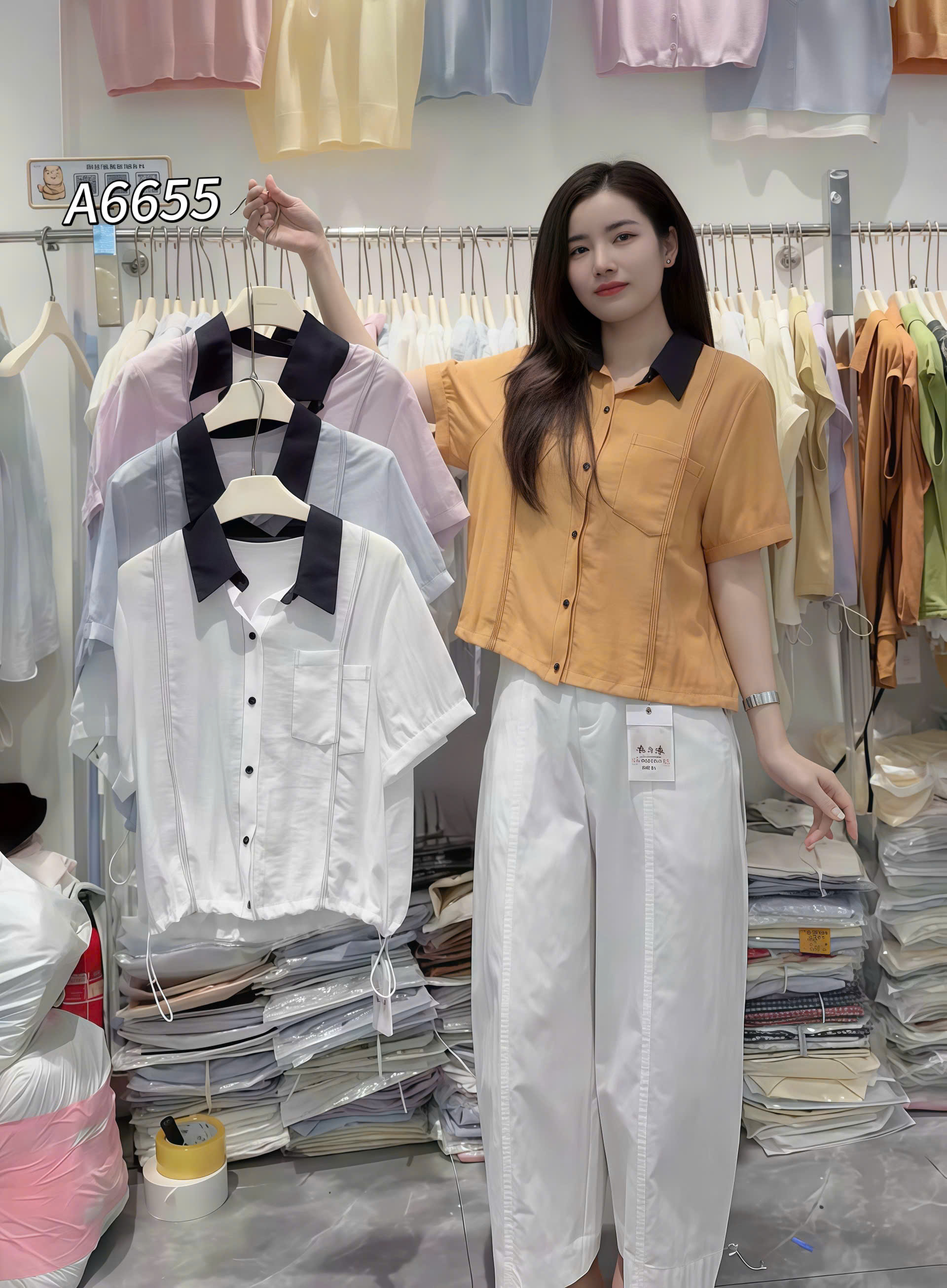A6655 Áo sơ mi dây rút eo túi lệch