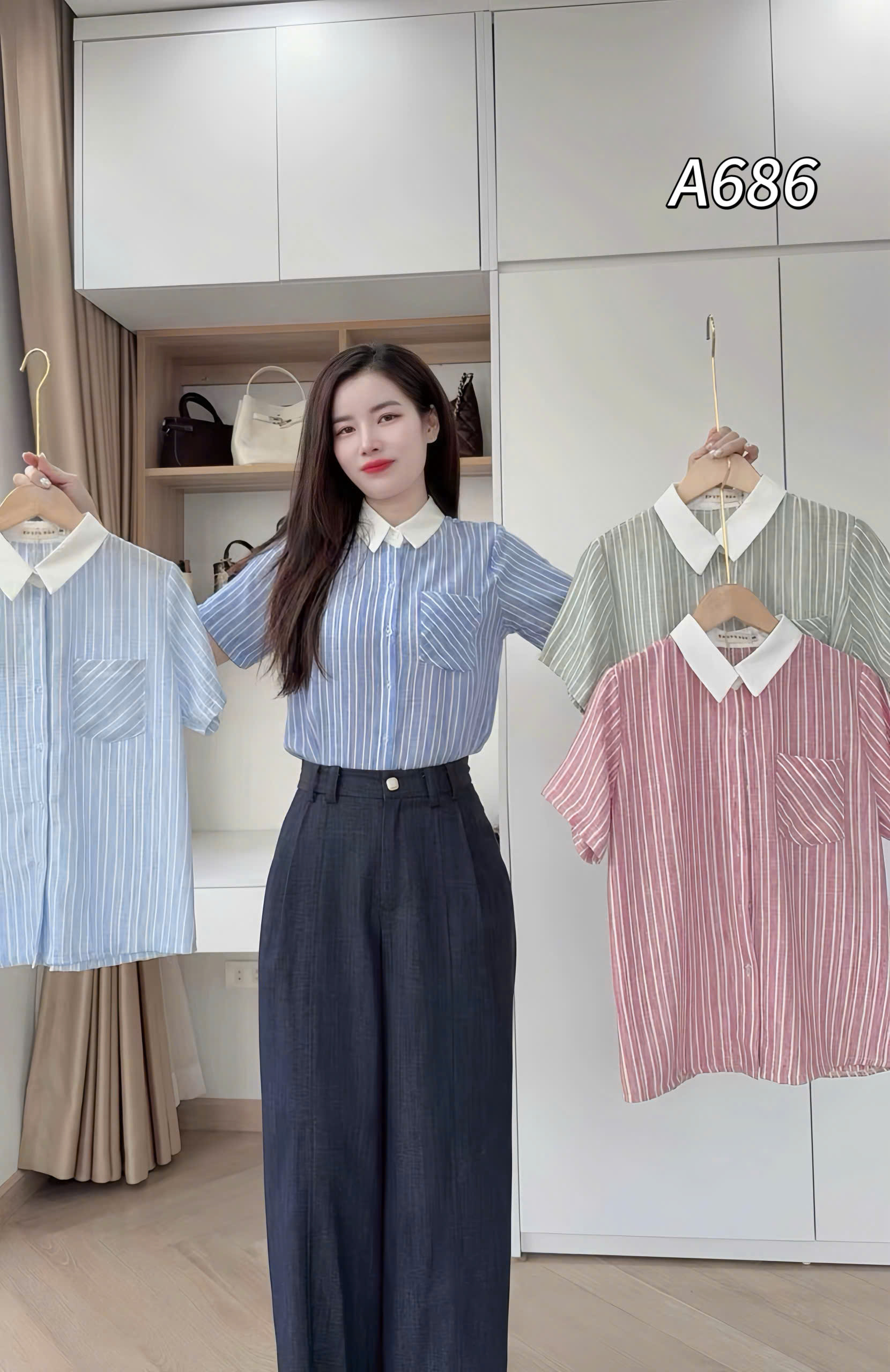 A686 Áo sơ mi kẻ túi ngực cổ trắng