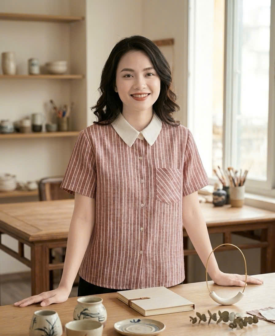 A686 Áo sơ mi kẻ túi ngực cổ trắng