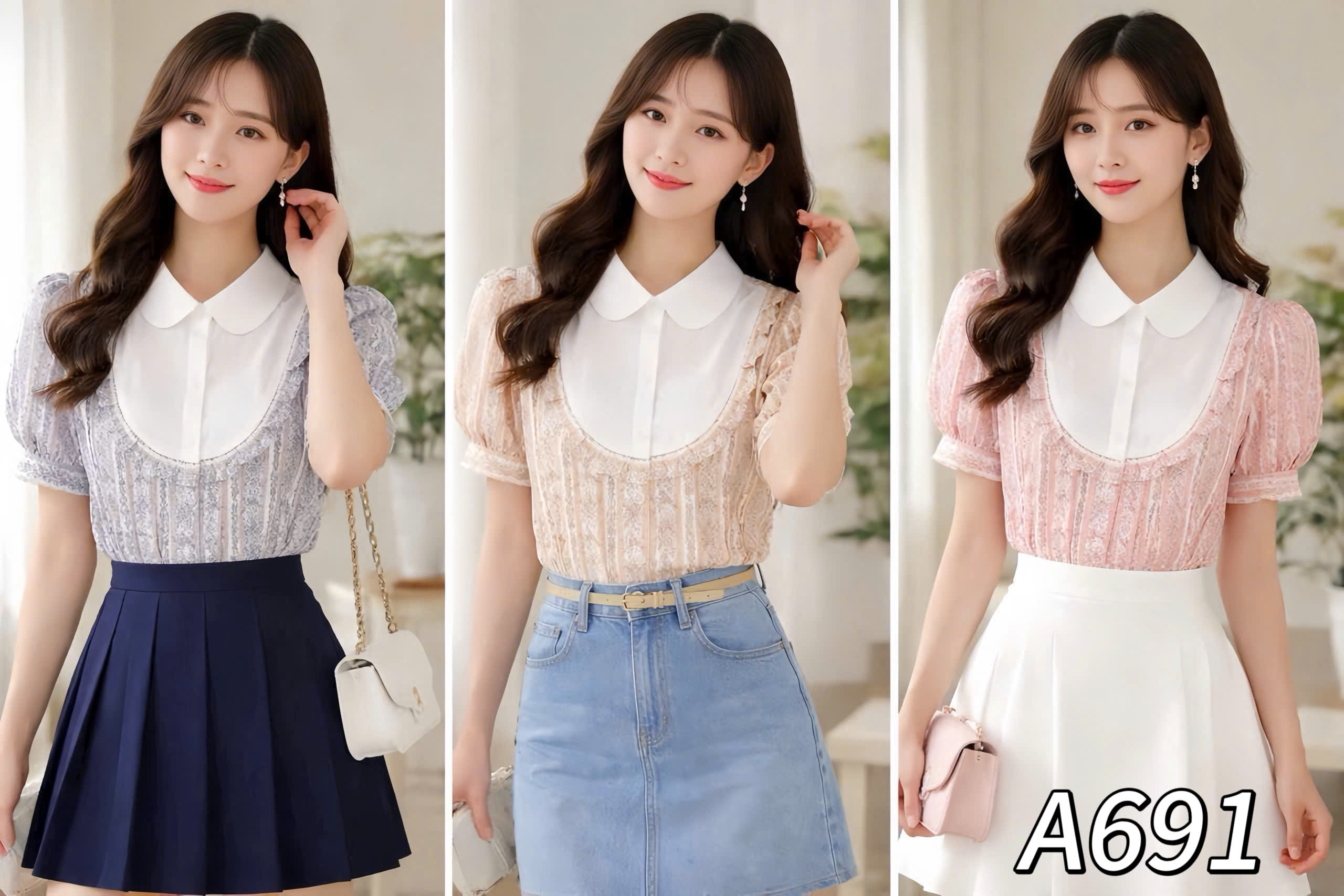 A691 Áo sơ mi cổ yếm tay bồng