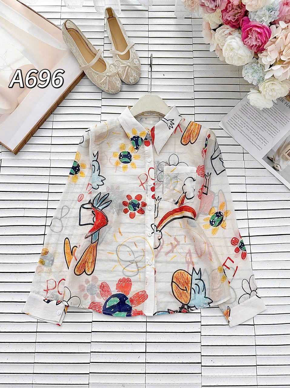 A696 Áo sơ mi họa tiết có túi