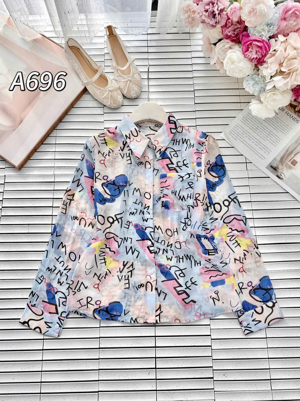 A696 Áo sơ mi họa tiết có túi