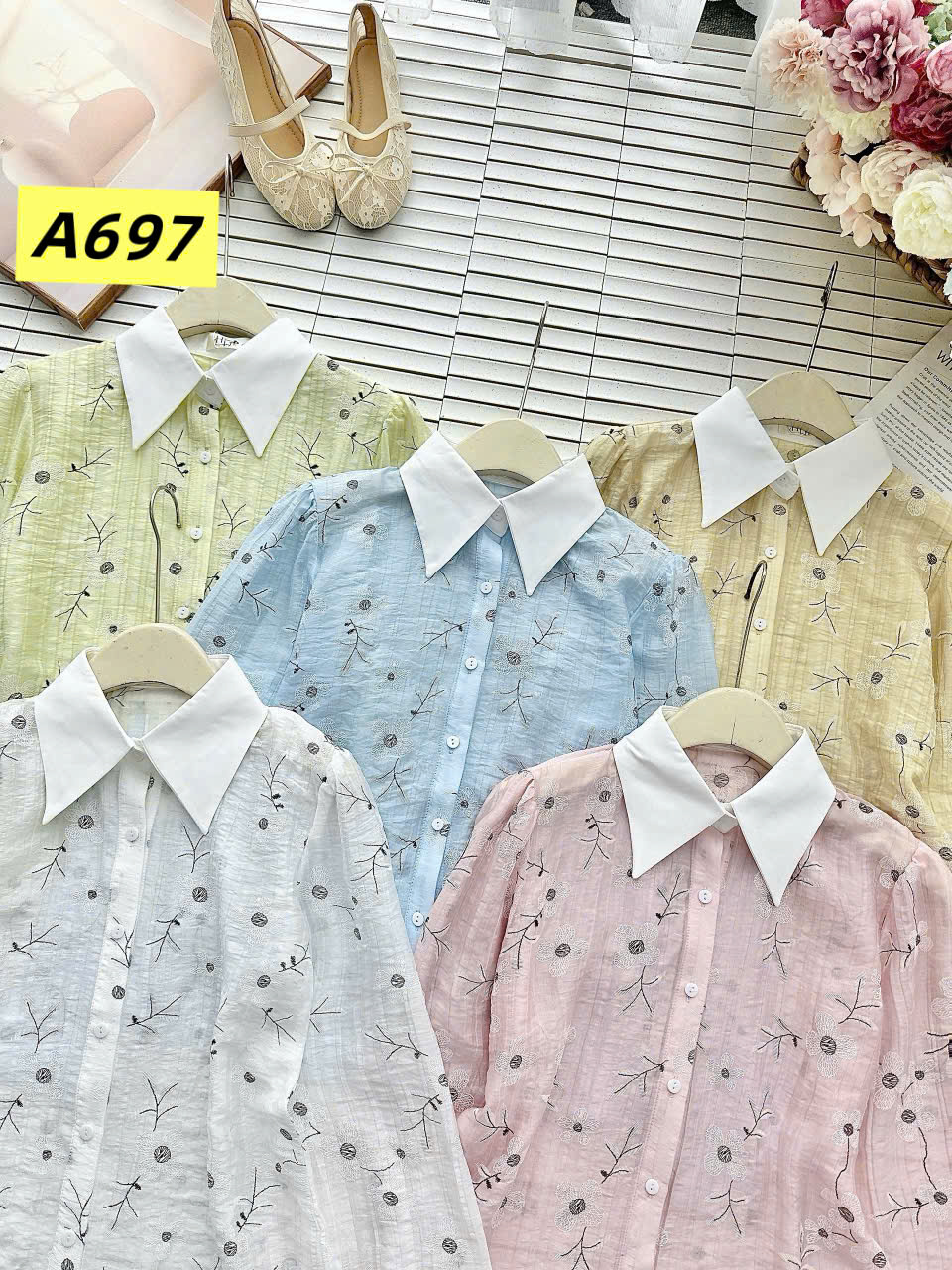 A697 Áo sơ mi hoa cổ trắng dài tay