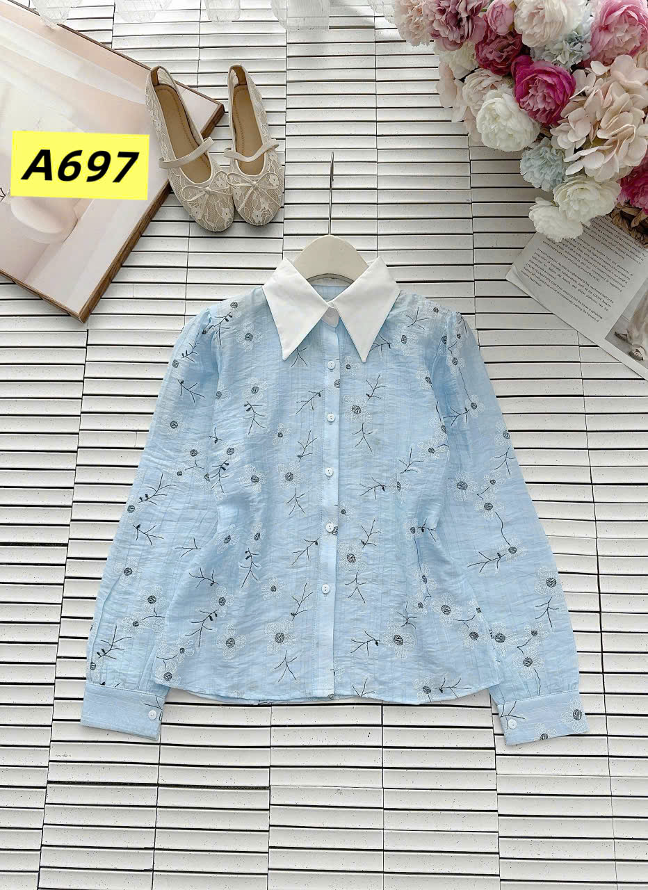 A697 Áo sơ mi hoa cổ trắng dài tay