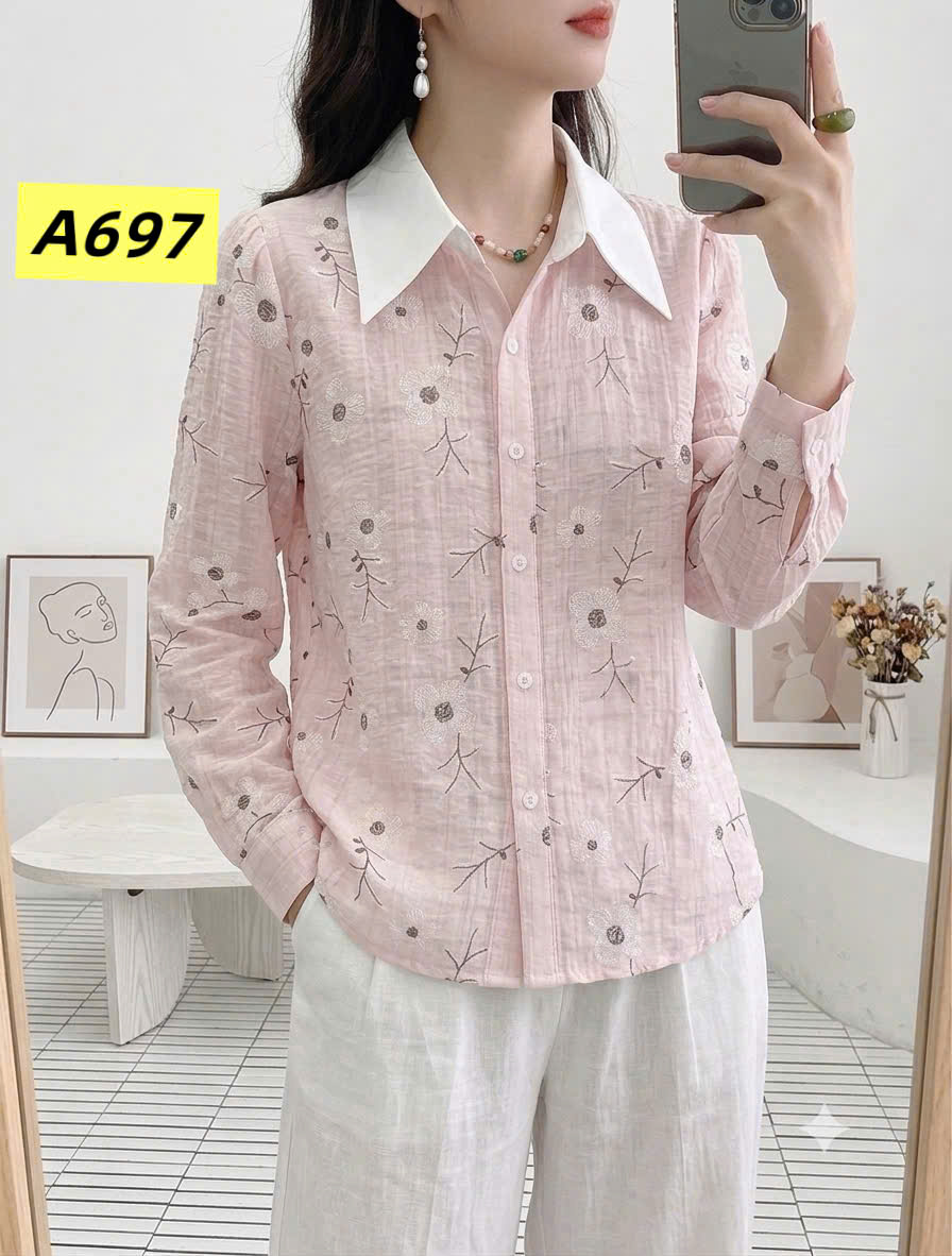 A697 Áo sơ mi hoa cổ trắng dài tay