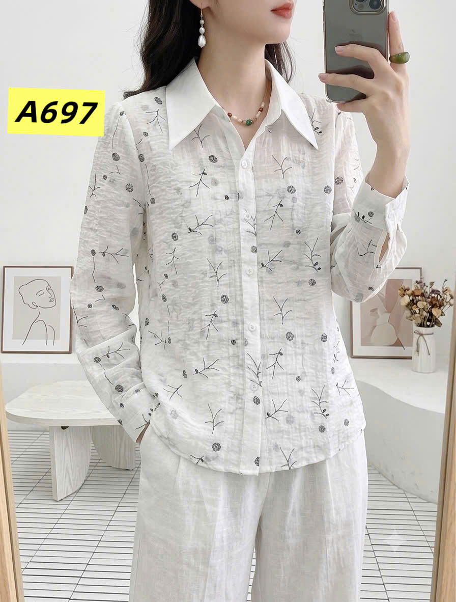 A697 Áo sơ mi hoa cổ trắng dài tay