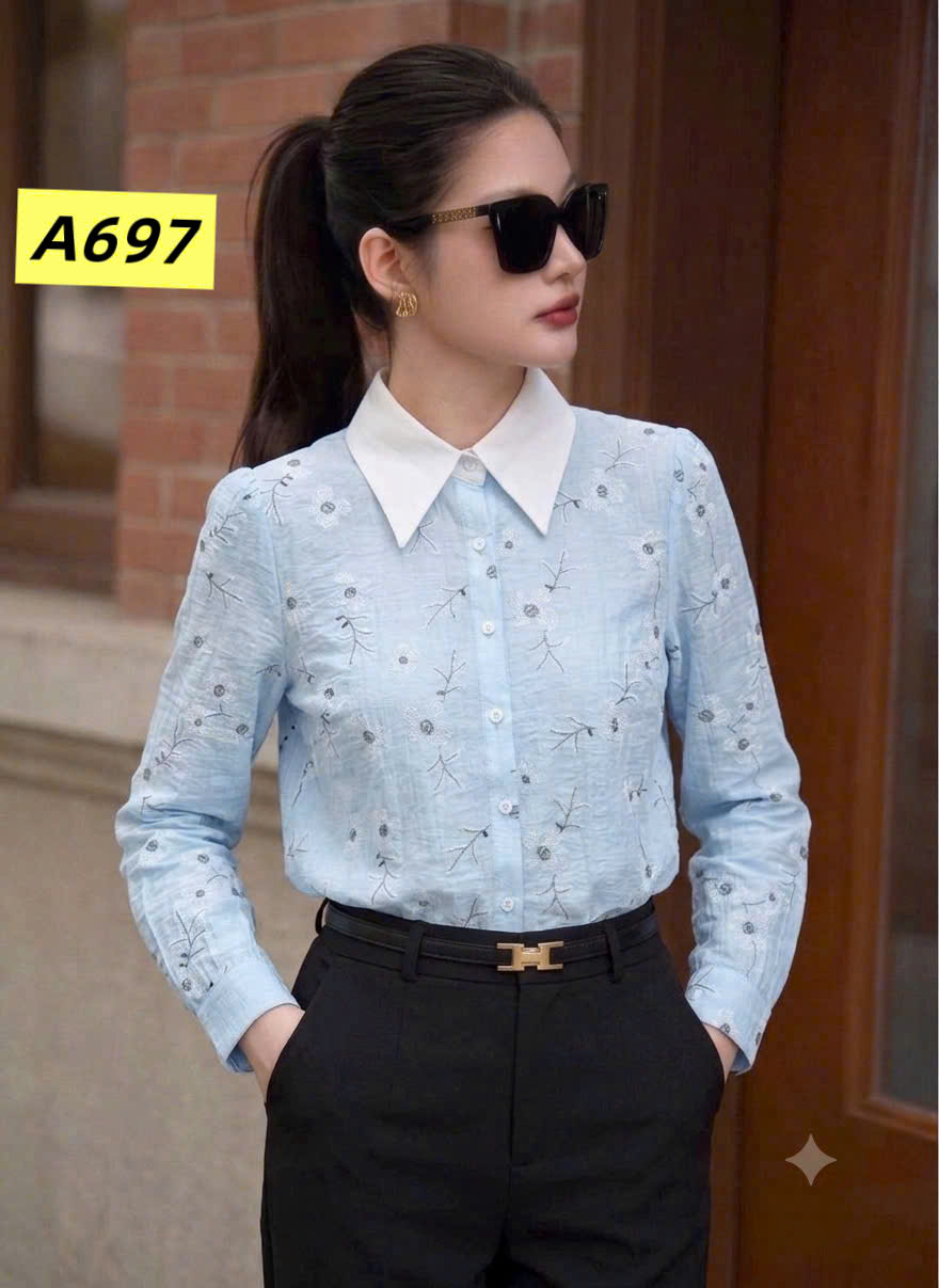 A697 Áo sơ mi hoa cổ trắng dài tay