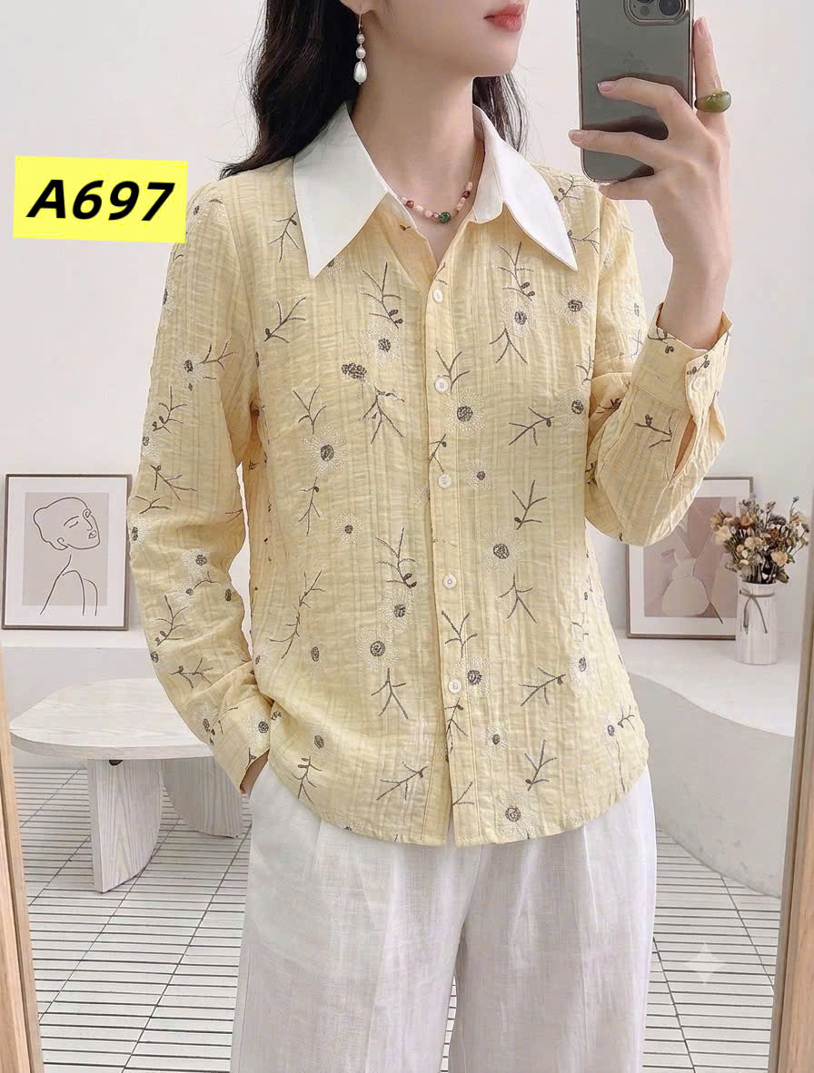 A697 Áo sơ mi hoa cổ trắng dài tay