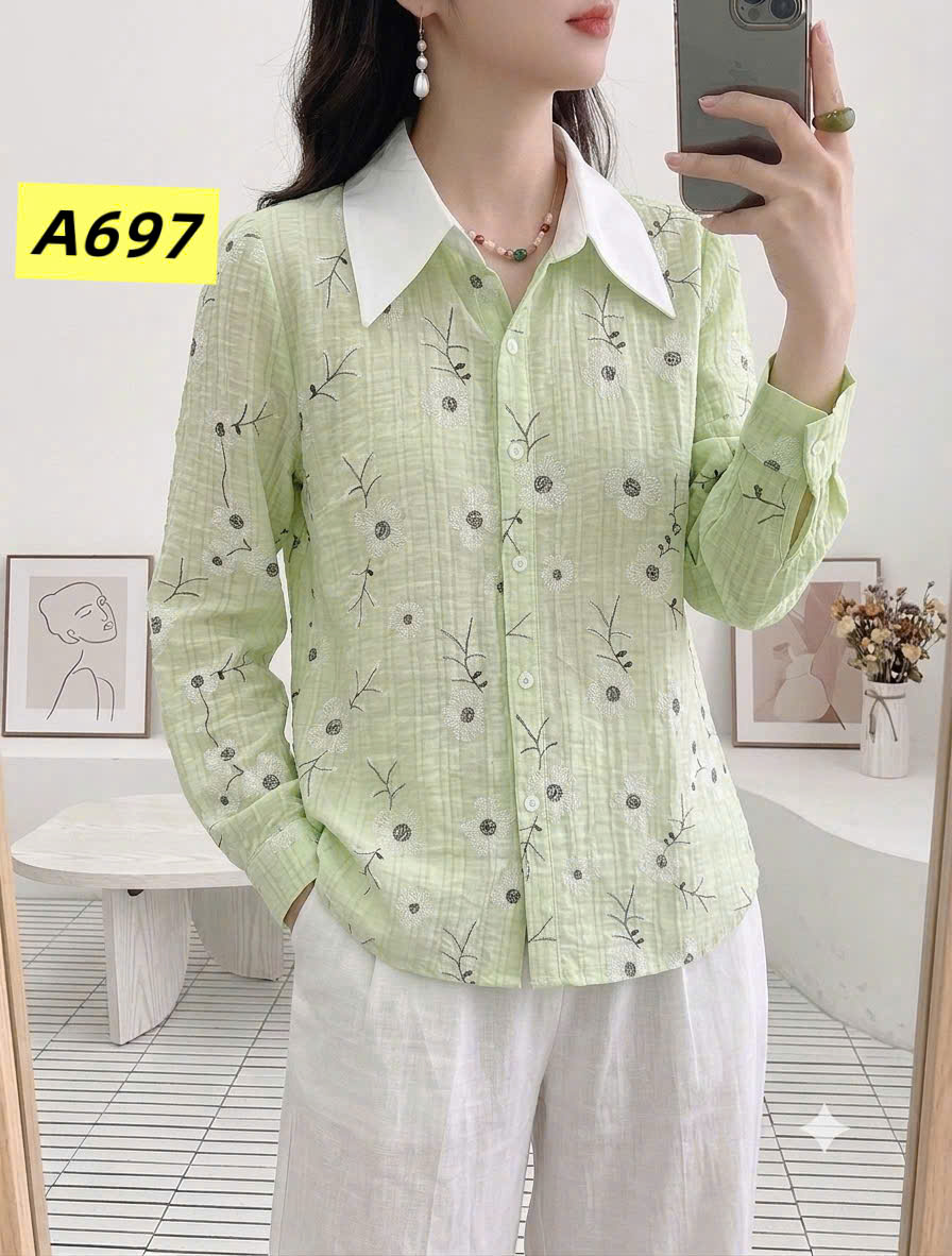 A697 Áo sơ mi hoa cổ trắng dài tay