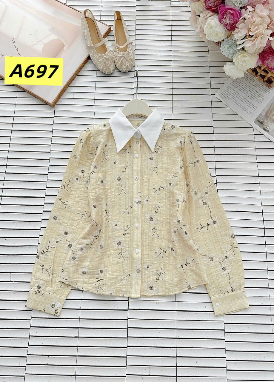 A697 Áo sơ mi hoa cổ trắng dài tay