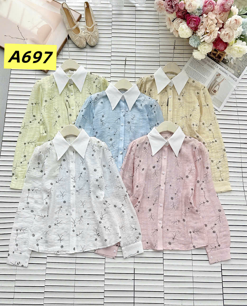 A697 Áo sơ mi hoa cổ trắng dài tay