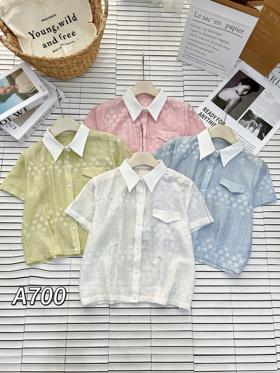 A700 Áo sơ mi hoa túi cơi cổ nhọn