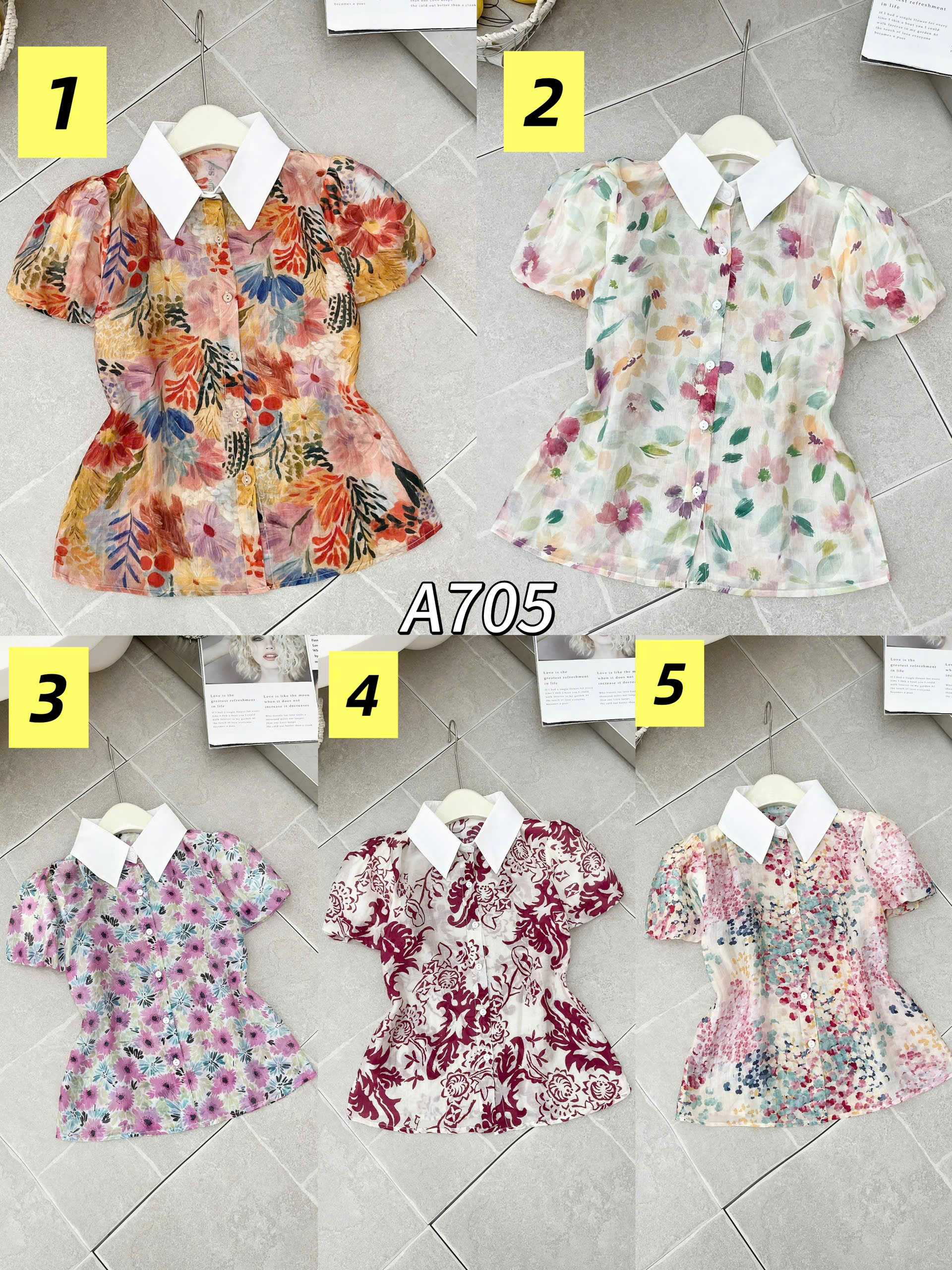 A705 Áo sơ mi hoa cộc tay cổ trắng
