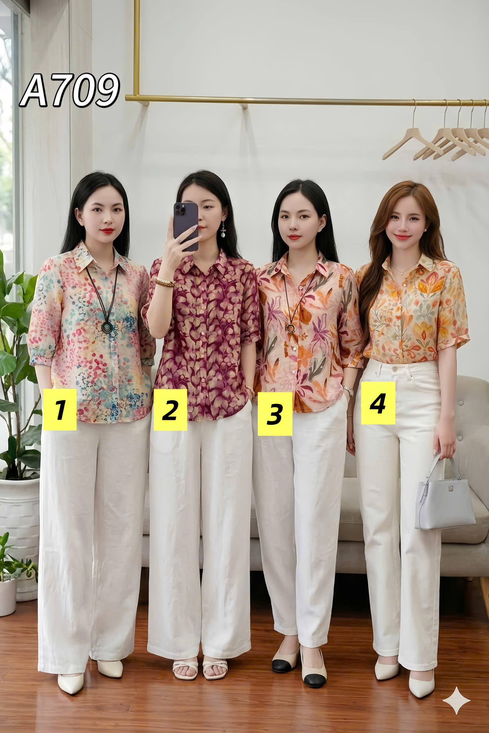 A709 Áo sơ mi họa tiết tay lỡ