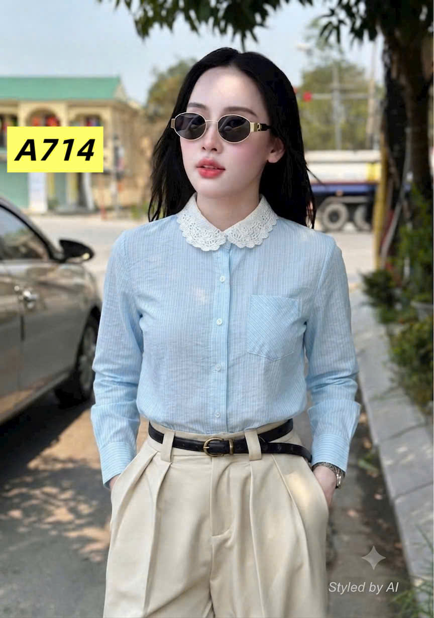 A714 áo kẻ cổ ren dài tay