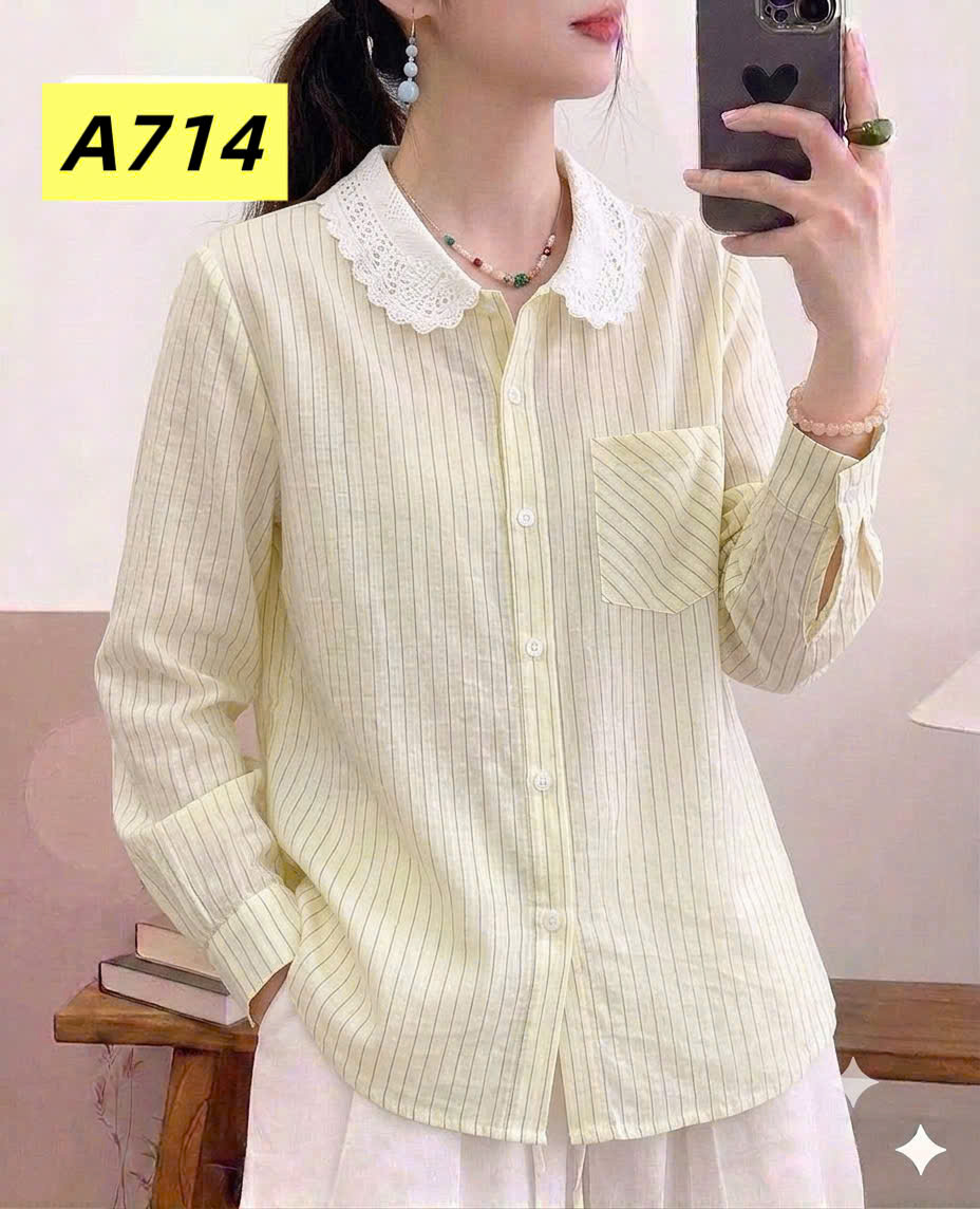 A714 áo kẻ cổ ren dài tay