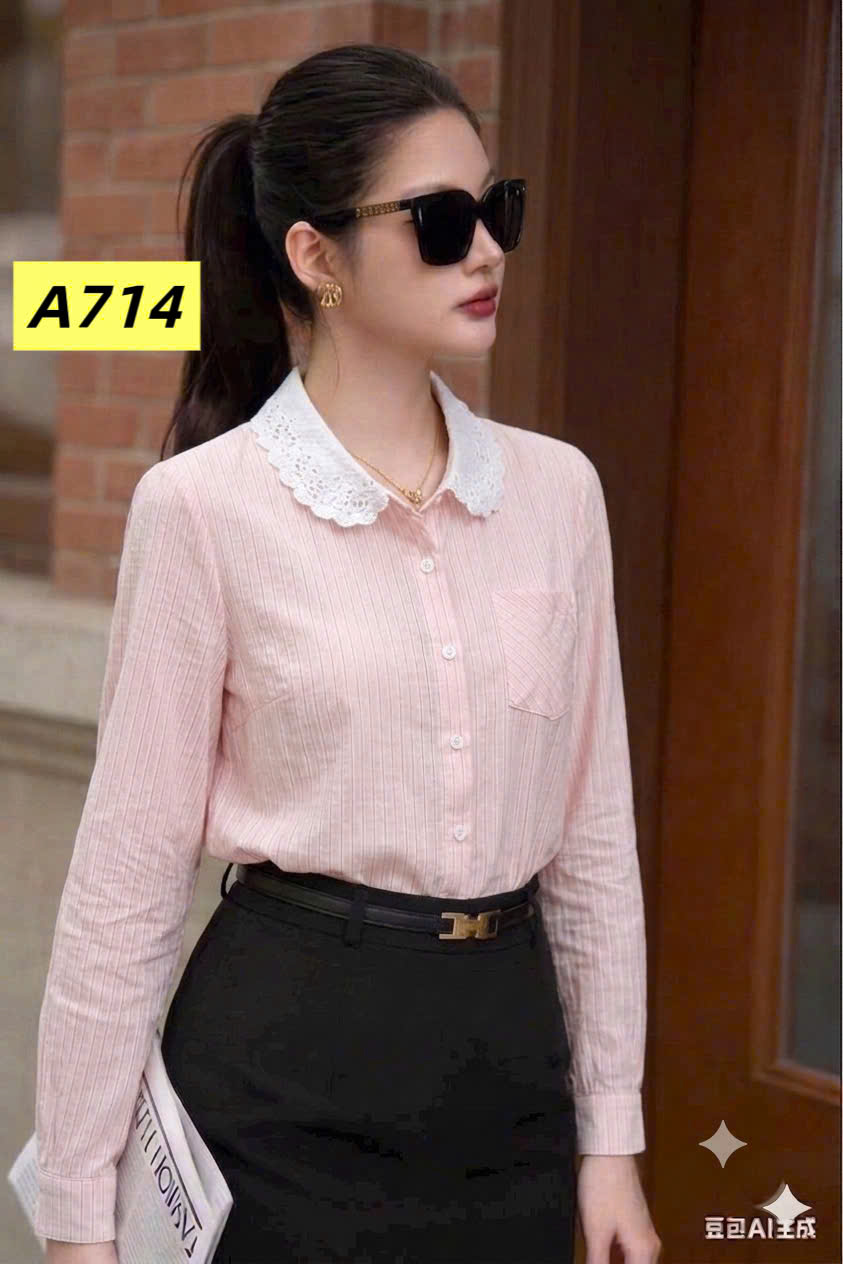 A714 áo kẻ cổ ren dài tay