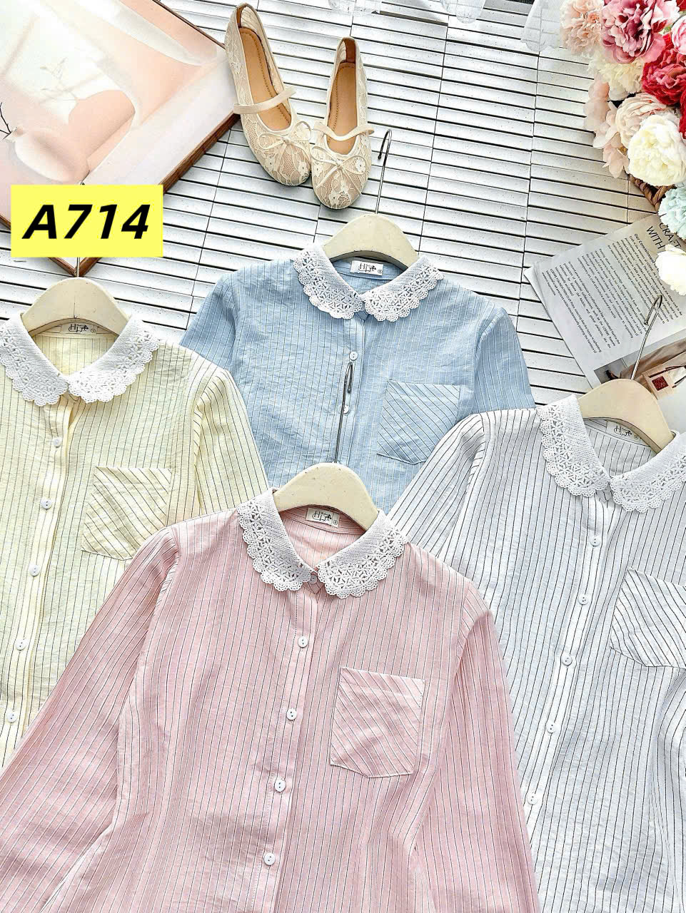 A714 áo kẻ cổ ren dài tay