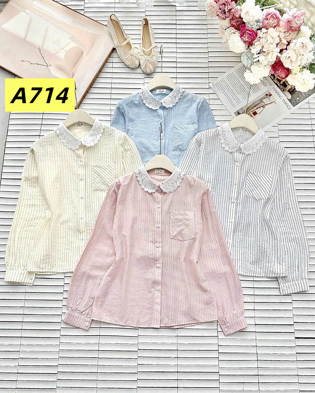 A714 áo kẻ cổ ren dài tay