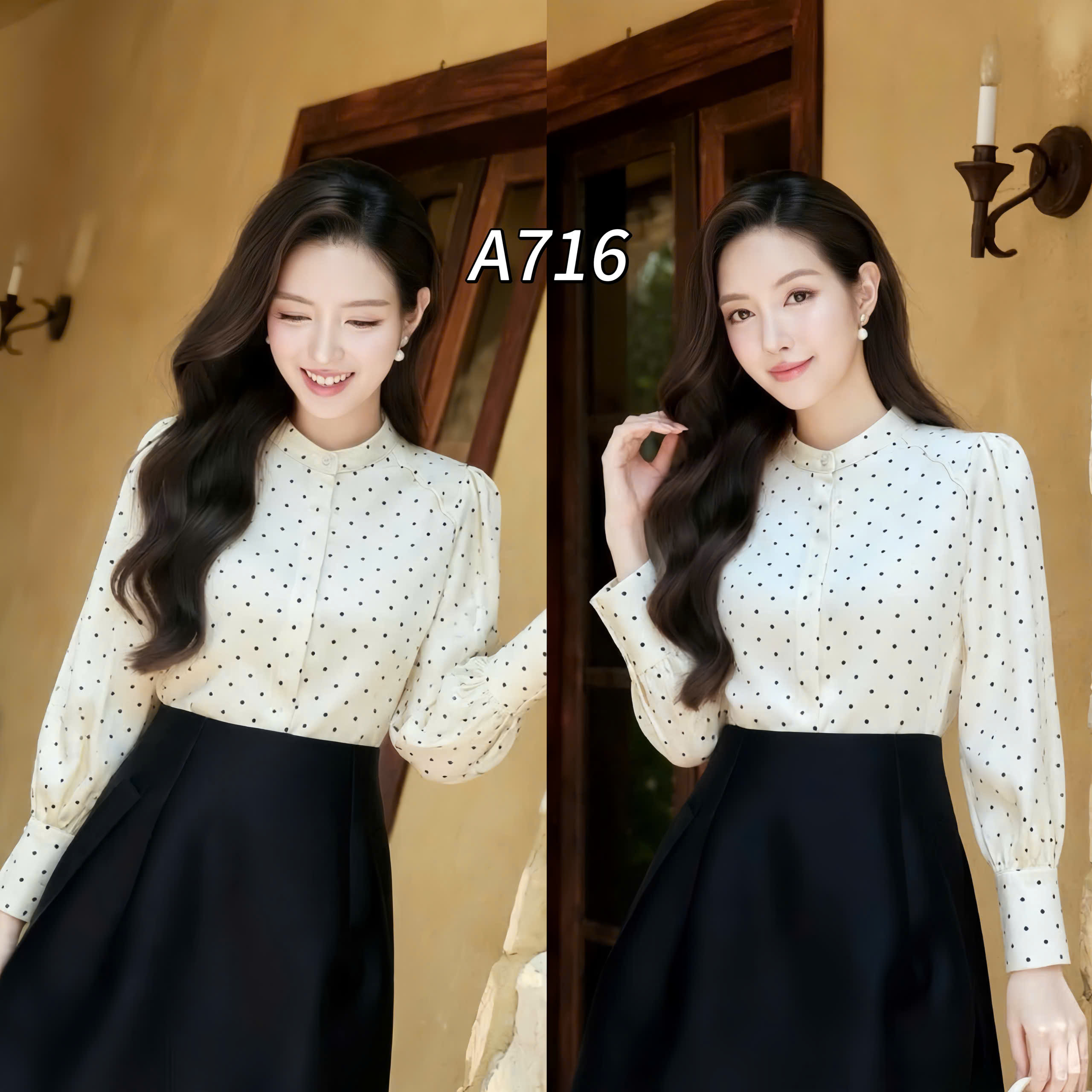 A716 Áo sơ mi chấm bi cổ tròn