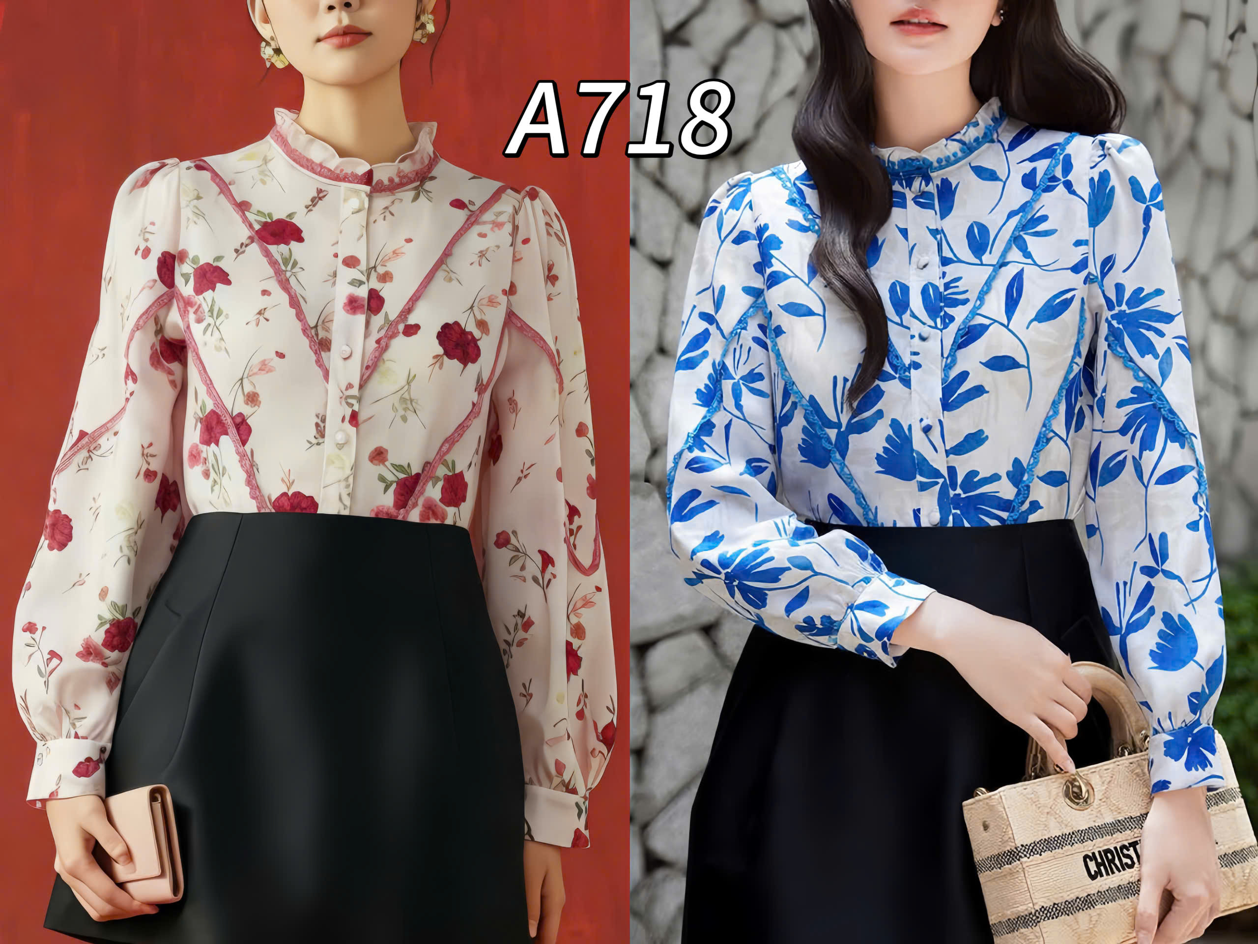 A718 Áo sơ mi hoa cổ bèo ren