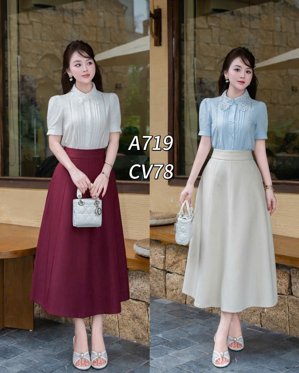A719 áo cổ ren ly ngực