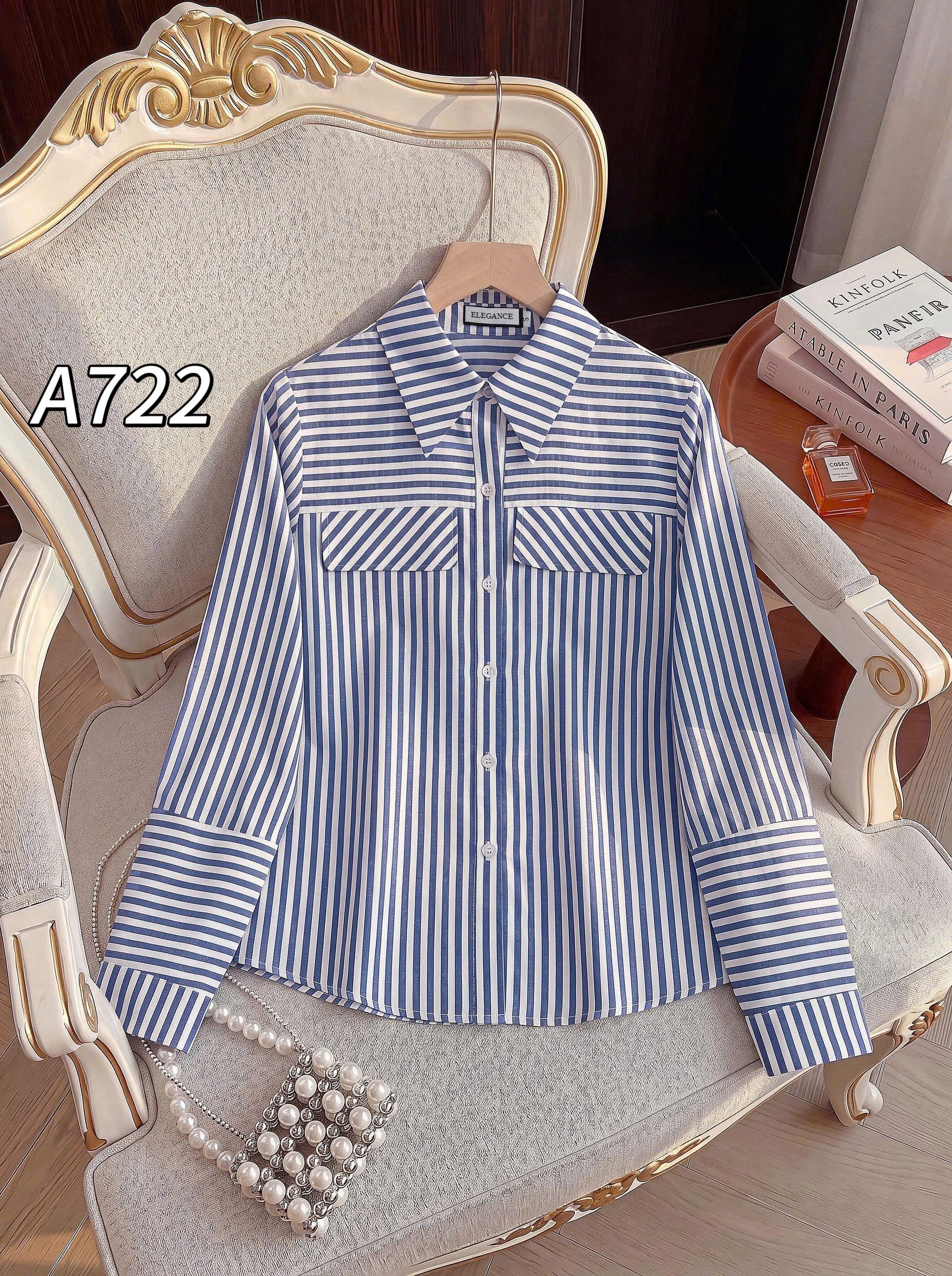 A722 áo kẻ thô cotton pha linen