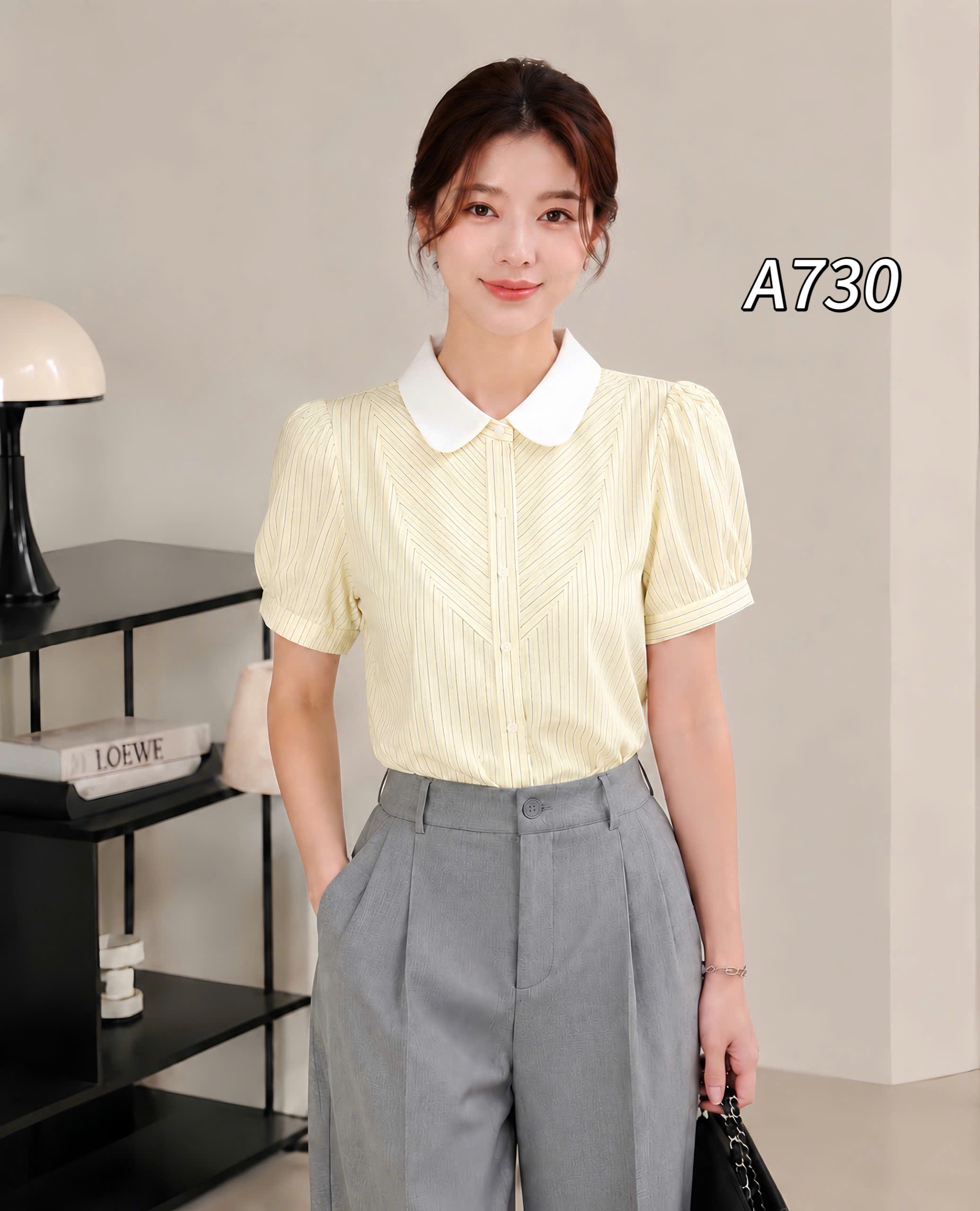 A730 Áo sơ mi kẻ cộc tay cổ trắng