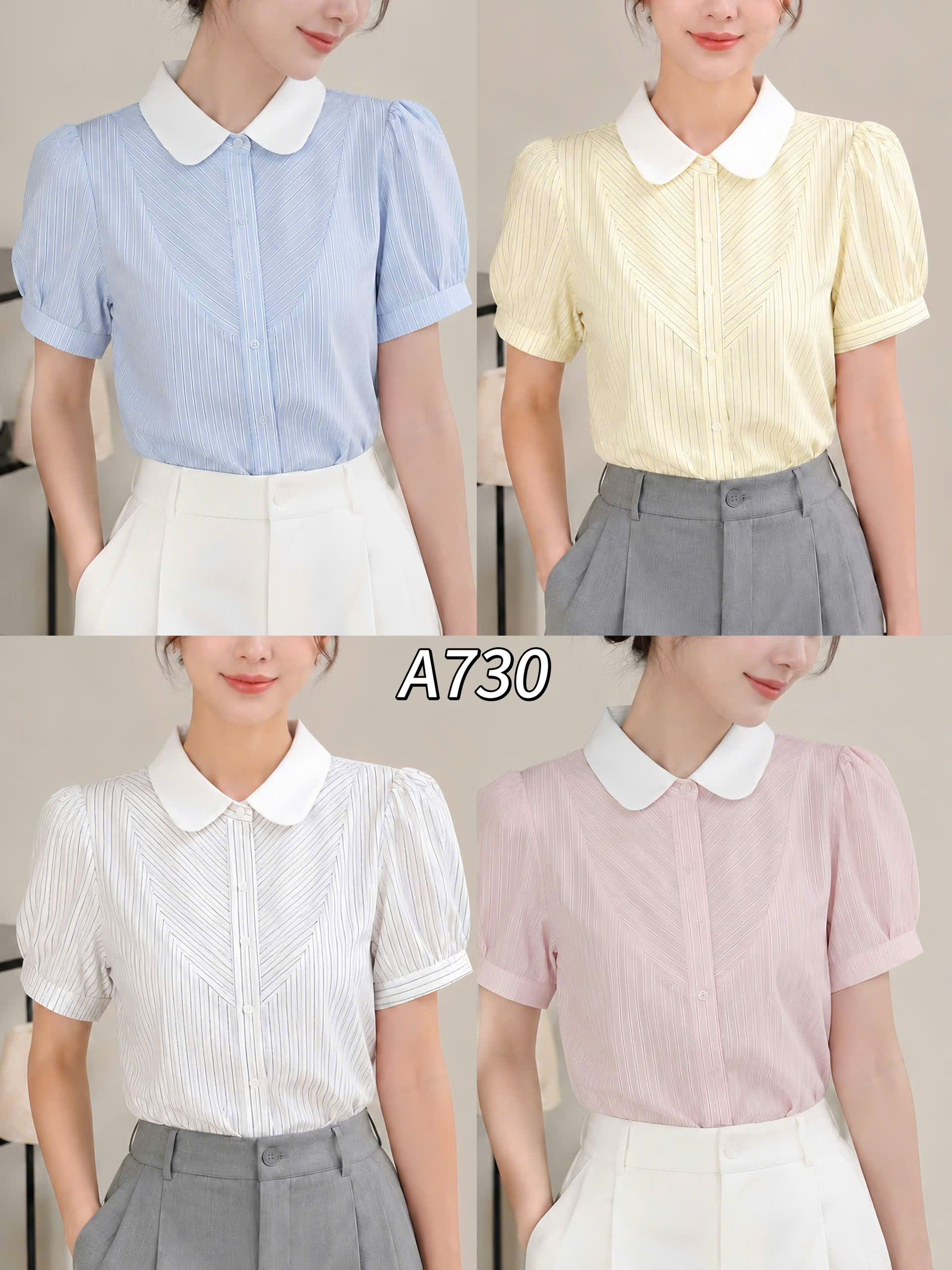 A730 Áo sơ mi kẻ cộc tay cổ trắng