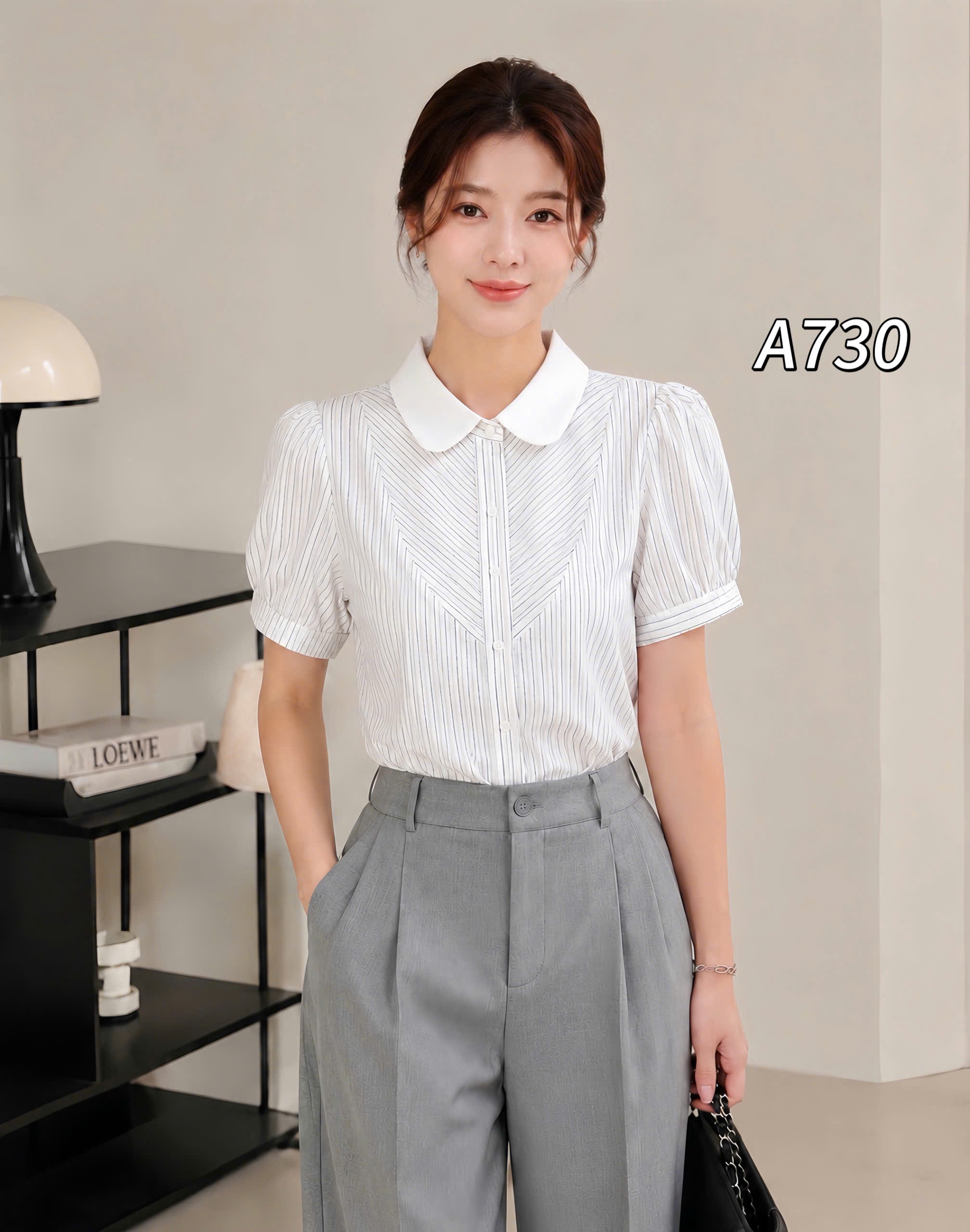 A730 Áo sơ mi kẻ cộc tay cổ trắng