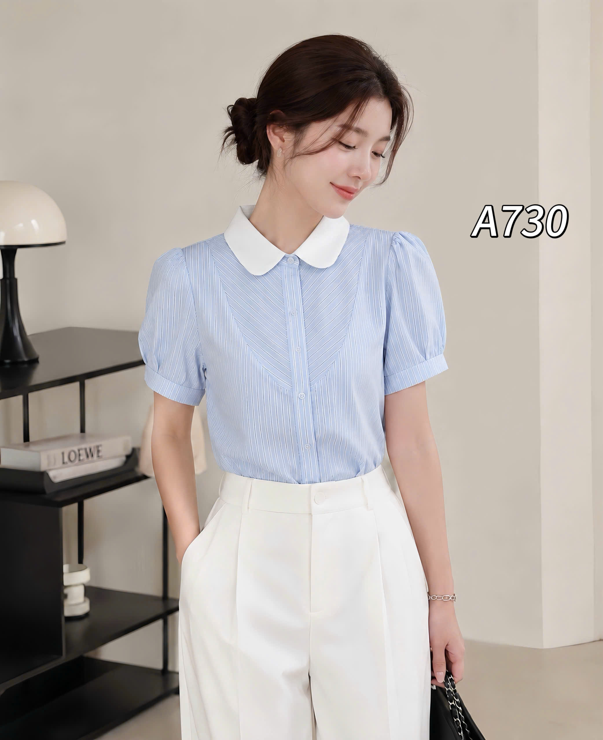 A730 Áo sơ mi kẻ cộc tay cổ trắng